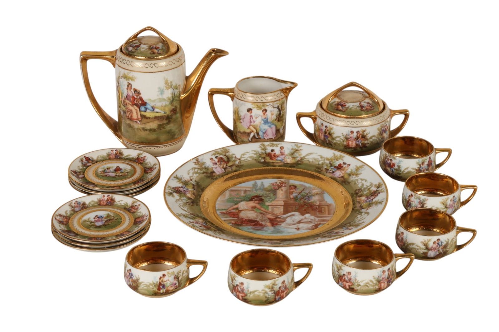 Rosenthal Austria Donatello Porcelain Tea Service: Antique porcelain tea service set by Rosenthal, marked Selb-Bavaria Donatello with Austria export mark. Total of sixteen pieces. Decorated with romantic pastoral figural scenes surrounded by green gar