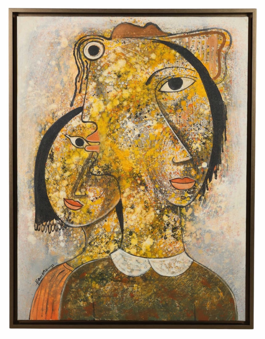Homero 20C Ternura I Abstract Portrait Painting: Homero (20th century), Ternura I, an oil on canvas depicting two stylized figures in profile with abstract facial elements and layered texture. The composition executed in splatter technique and expre