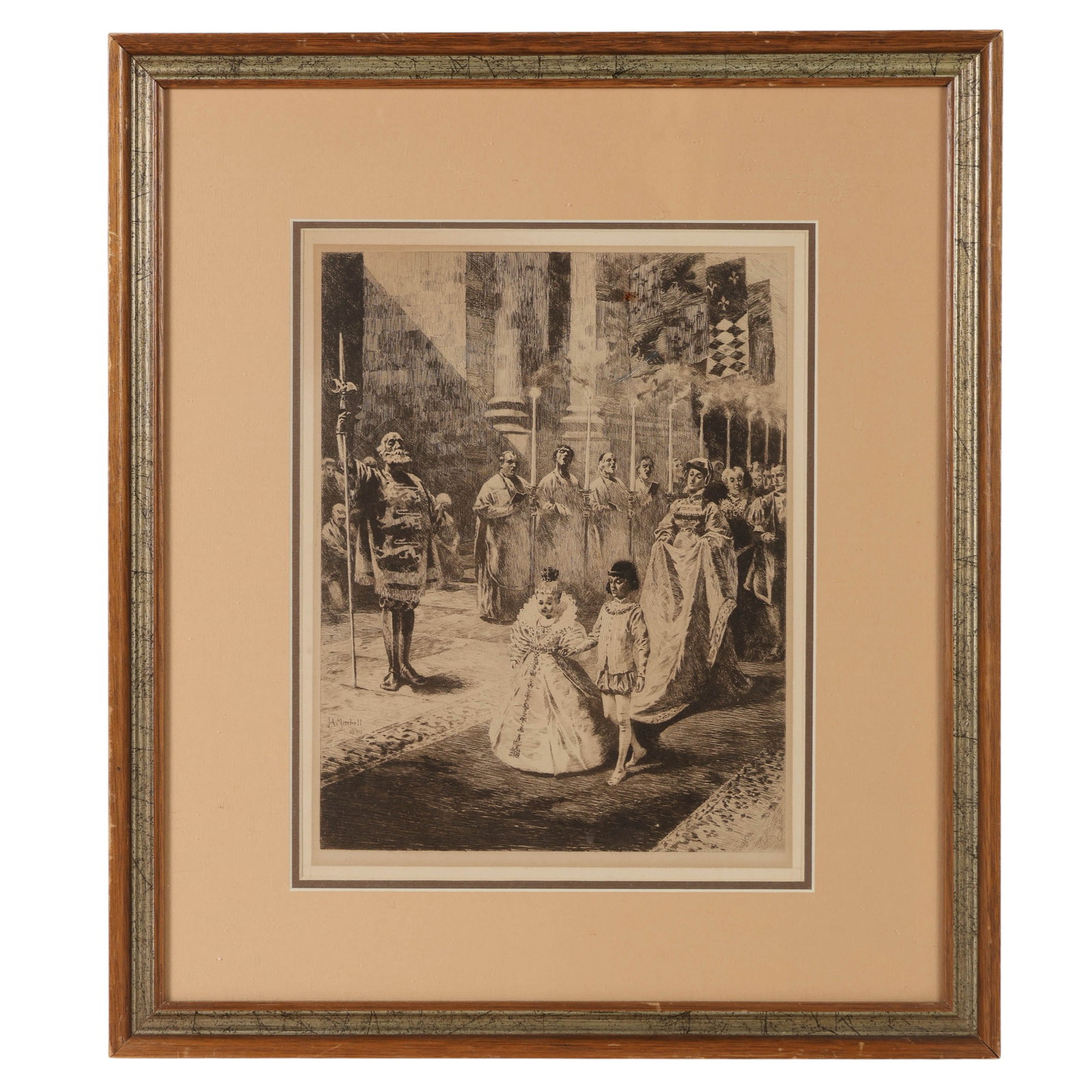 John Ames Mitchell 1844-1918 Black White Etching: John Ames Mitchell (American, 1844-1918), A Political Marriage, black and white reproduction etching on paper depicting a ceremonial procession with clergy, attendants, a woman, and two children in an
