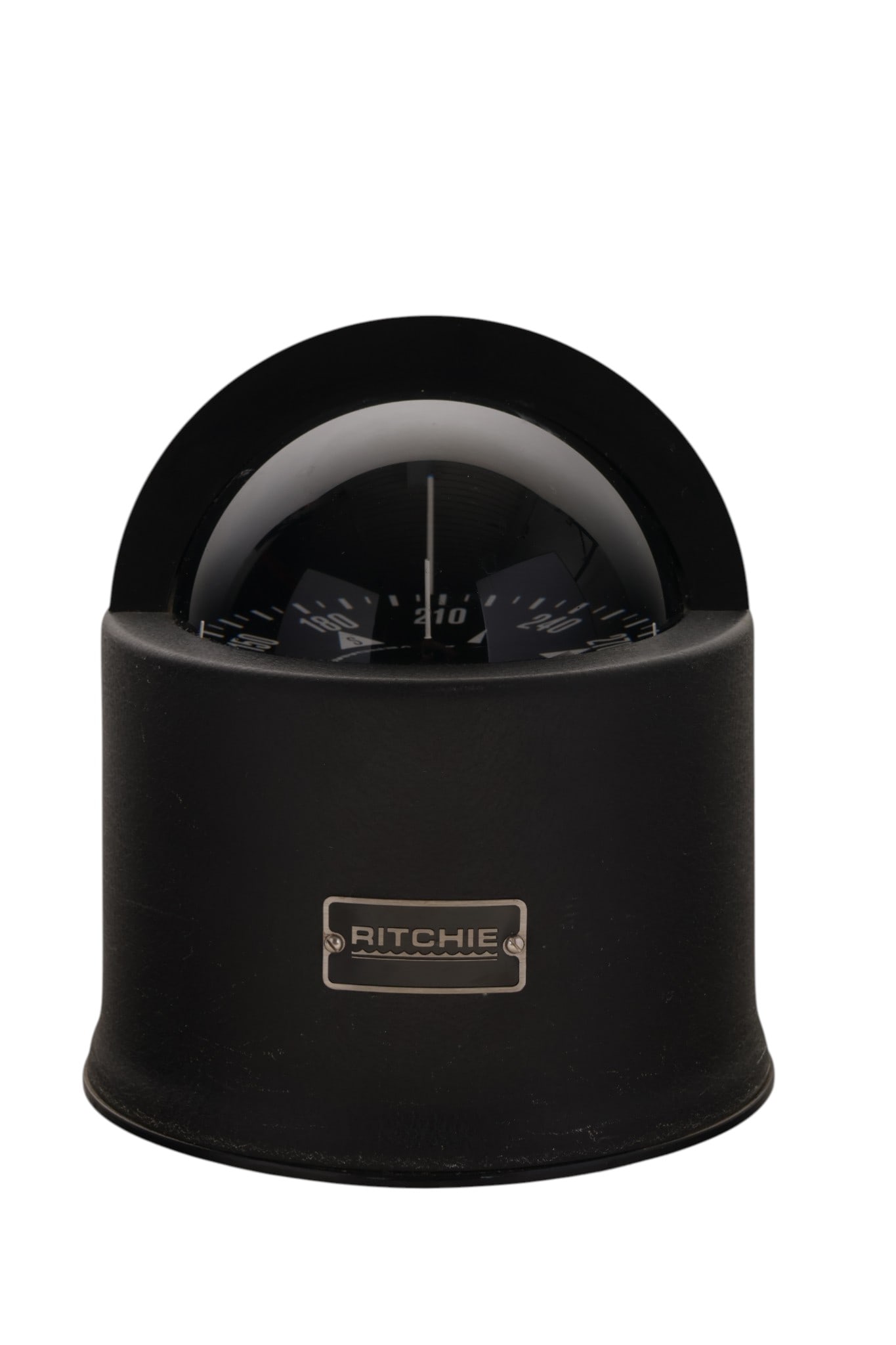 Ritchie Powerdamp Marine Navigation Boat Compass: Ritchie, a nautical maritime navigational compass housed in a black cylindrical case with domed viewing lens and directional hood. The dial features high contrast white degree markings and cardinal po