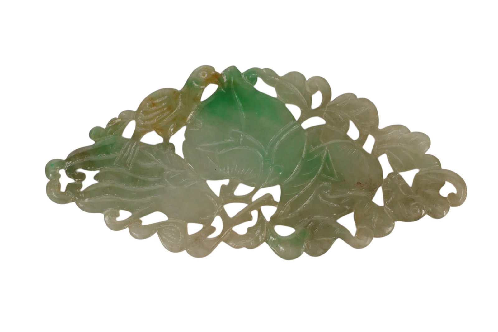 Fine Chinese Carved Jade Fruit Bird Amulet Pendant: Carved Chinese jade amulet pendant depicting a bird with fruit and foliate motif in openwork form. Measuring approximately 1.75" x 3.75" x 0.25". Combined approximate weight 20 grams.Condition: Good o