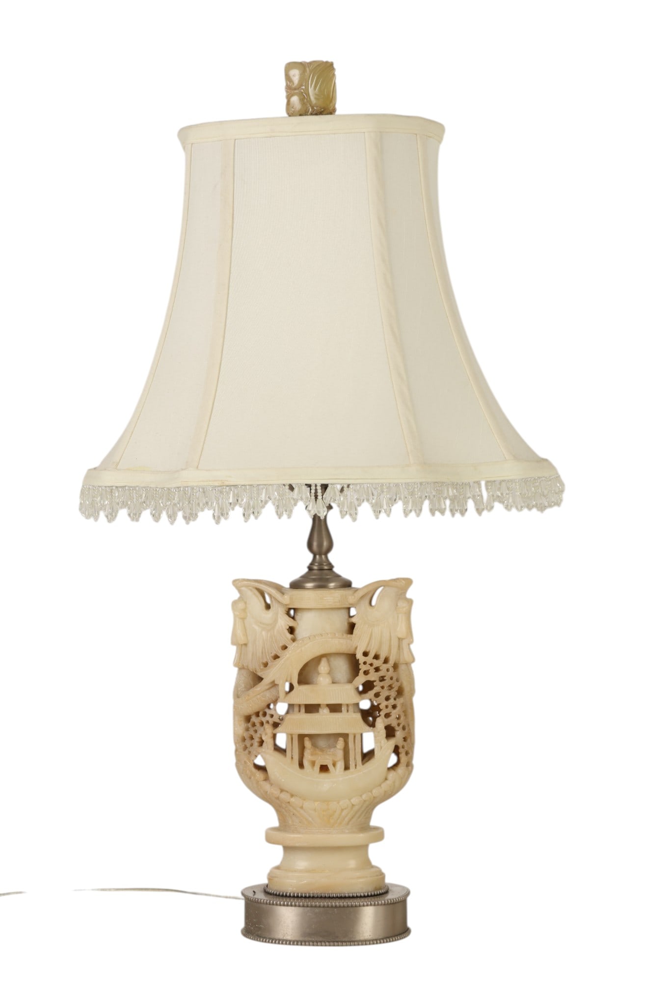 Asian Carved Dragon Soapstone Lamp w/ Jade Finial: Asian carved soapstone table lamp featuring an openwork design with dual dragon motifs flanking a central pagoda, mounted on a metal base. The lamp includes a carved jade finial and a beaded fabric sh