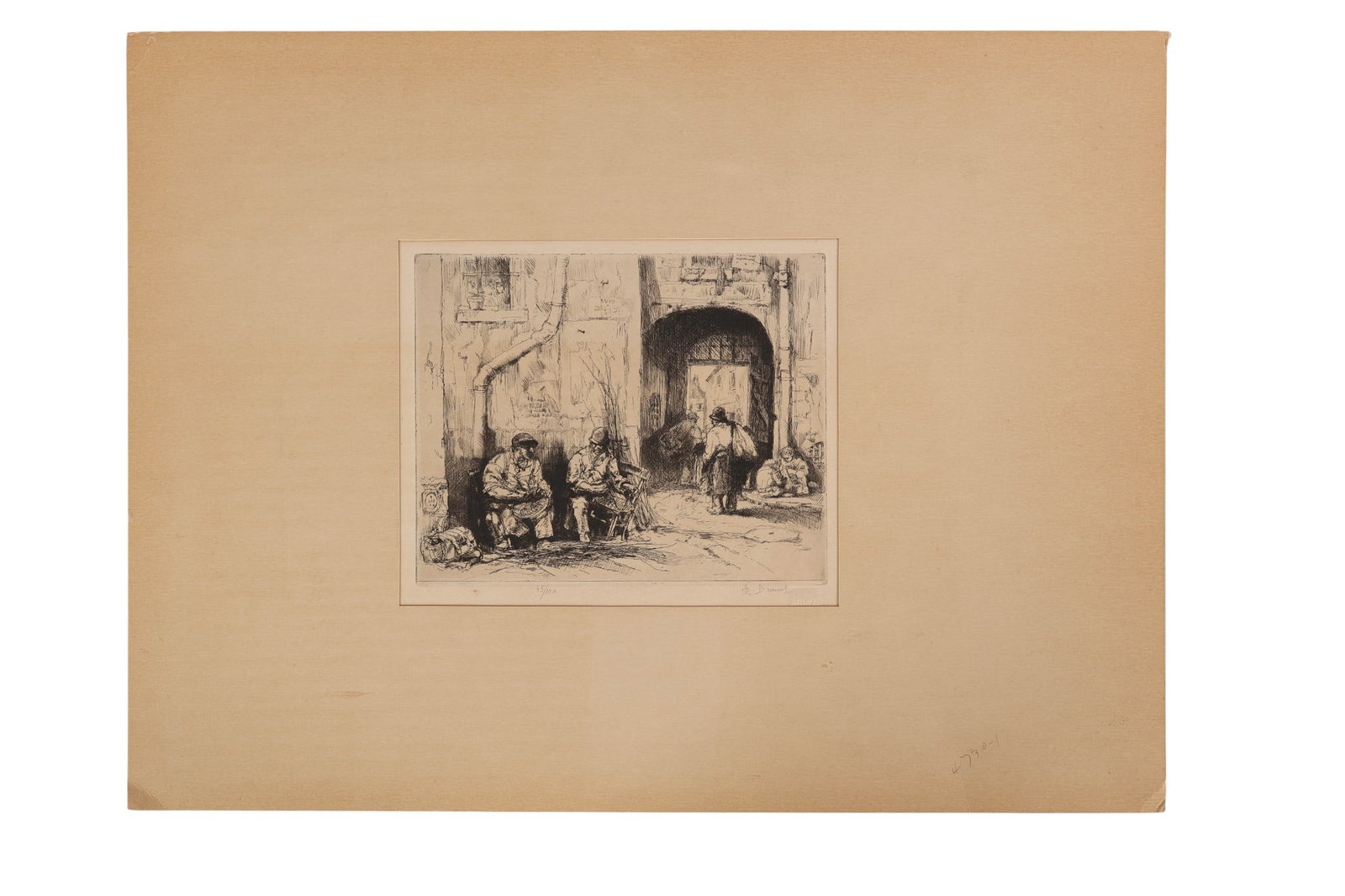 Auguste Brouet 1872-1941 Caning Chairs Etching: Auguste Brouet (French, 1872-1941), "Caning Chairs," antique etching on paper depicting seated workers weaving chair seats on a city street. Pencil script is present at the lower right corner of the s