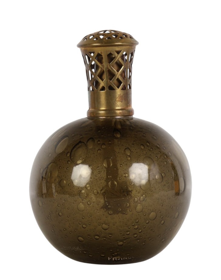 Schneider French Art Glas Lamp Oil Diffuser Burner: Schneider France Art Deco glass oil lamp burner. Features a rounded form with seeded bubble inclusions and pulled teardrop decoration throughout. Fitted with a brass mount, diffuser cage, burner inser