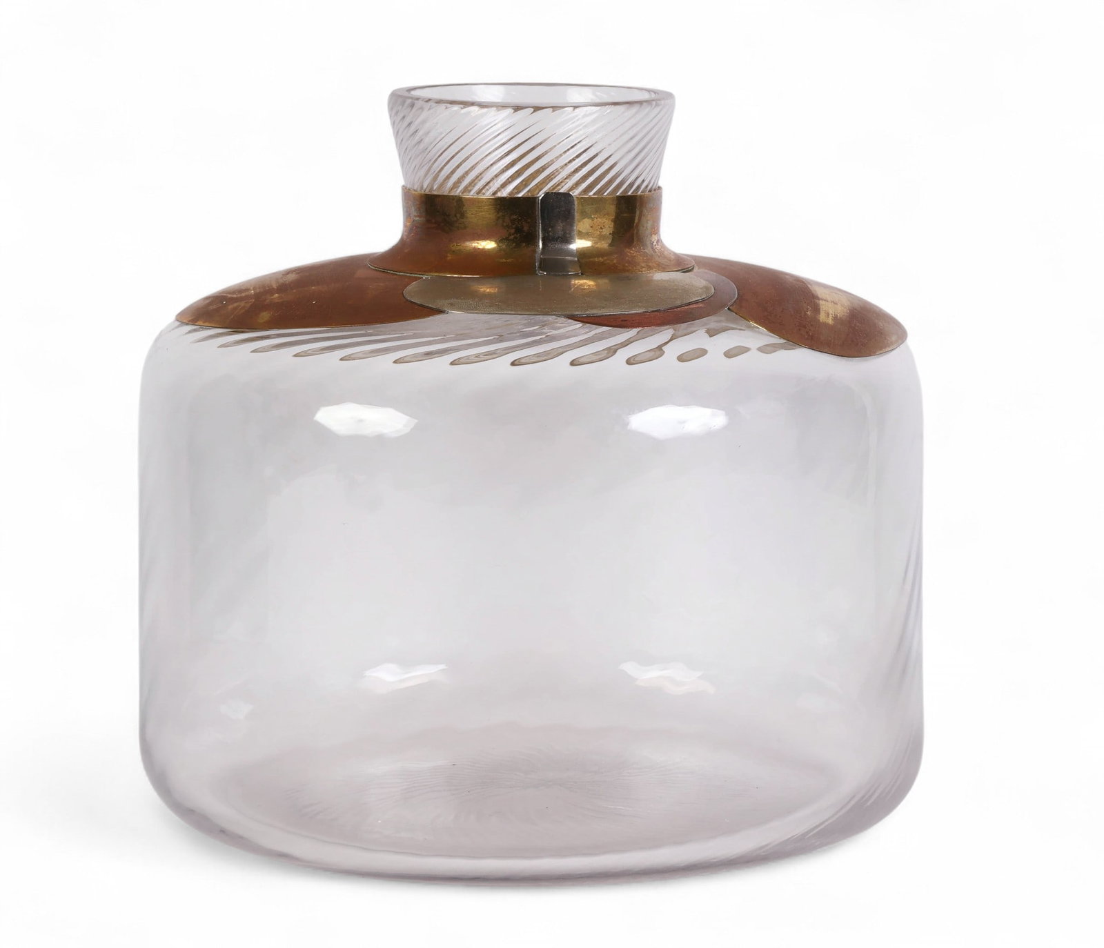 Art Glass Vase with Mixed Metals Embellished Vase: Contemporary art glass vase featuring a wide cylindrical body with spiral-cut neck detail. The upper section is embellished with overlapping mixed metal elements, including brass and silver-tone forms