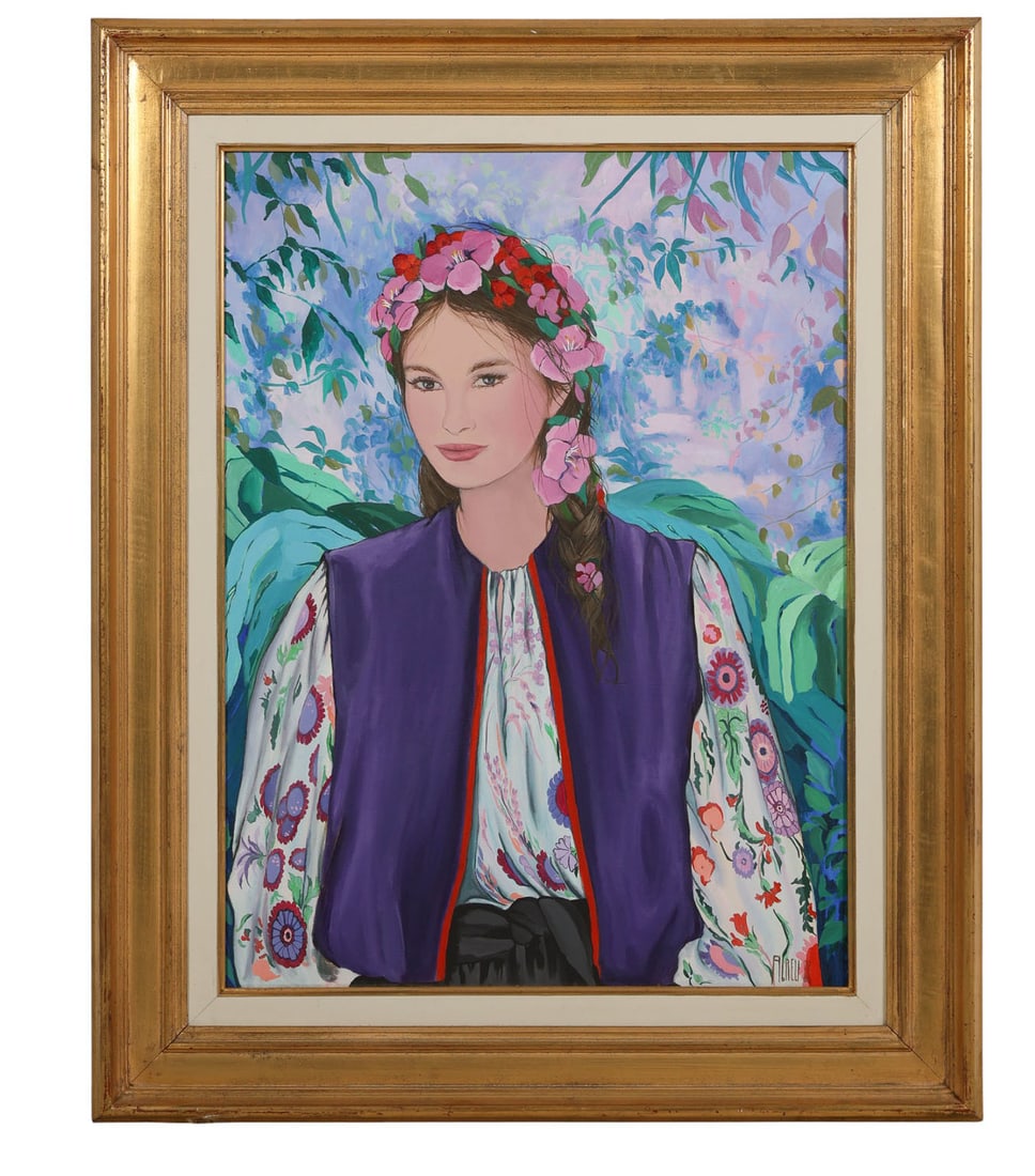 Sonia M. Abreu b.1963 Campesina Girl Painting: Sonia Milagros Abreu (Venezuela, born 1963), Campesina (Peasant Girl), acrylic on canvas depicting a young woman in traditional attire with a floral headpiece standing before a jungle backdrop. Artist
