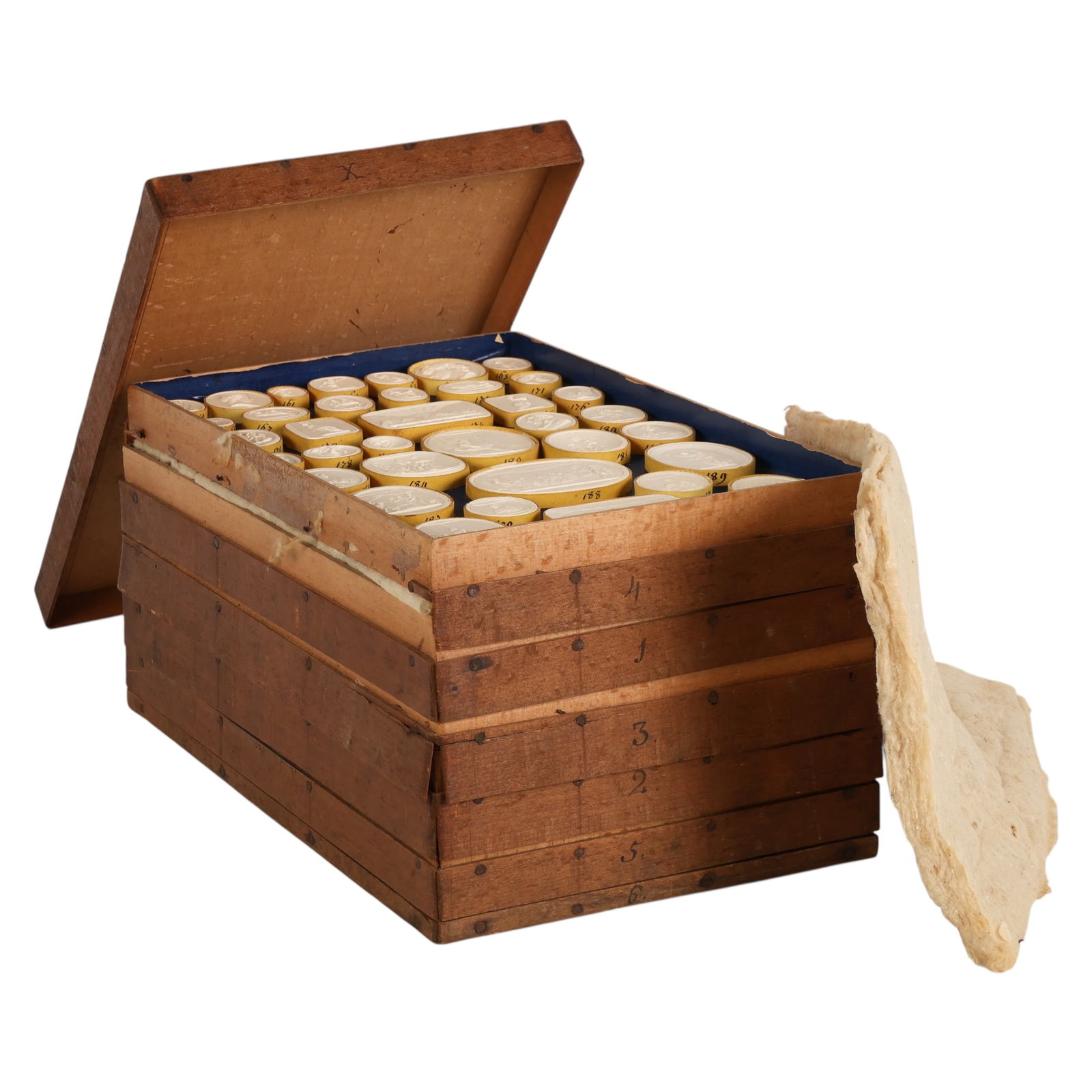 Italian 19C Plaster Intaglio Medallions ESTATE LOT: Rome Italy Grand Tour era, an estate collection of late 18th to 19th century plaster intaglio medallions inspired by classical antiquity, comprising five fitted wooden trays lined in blue and housing