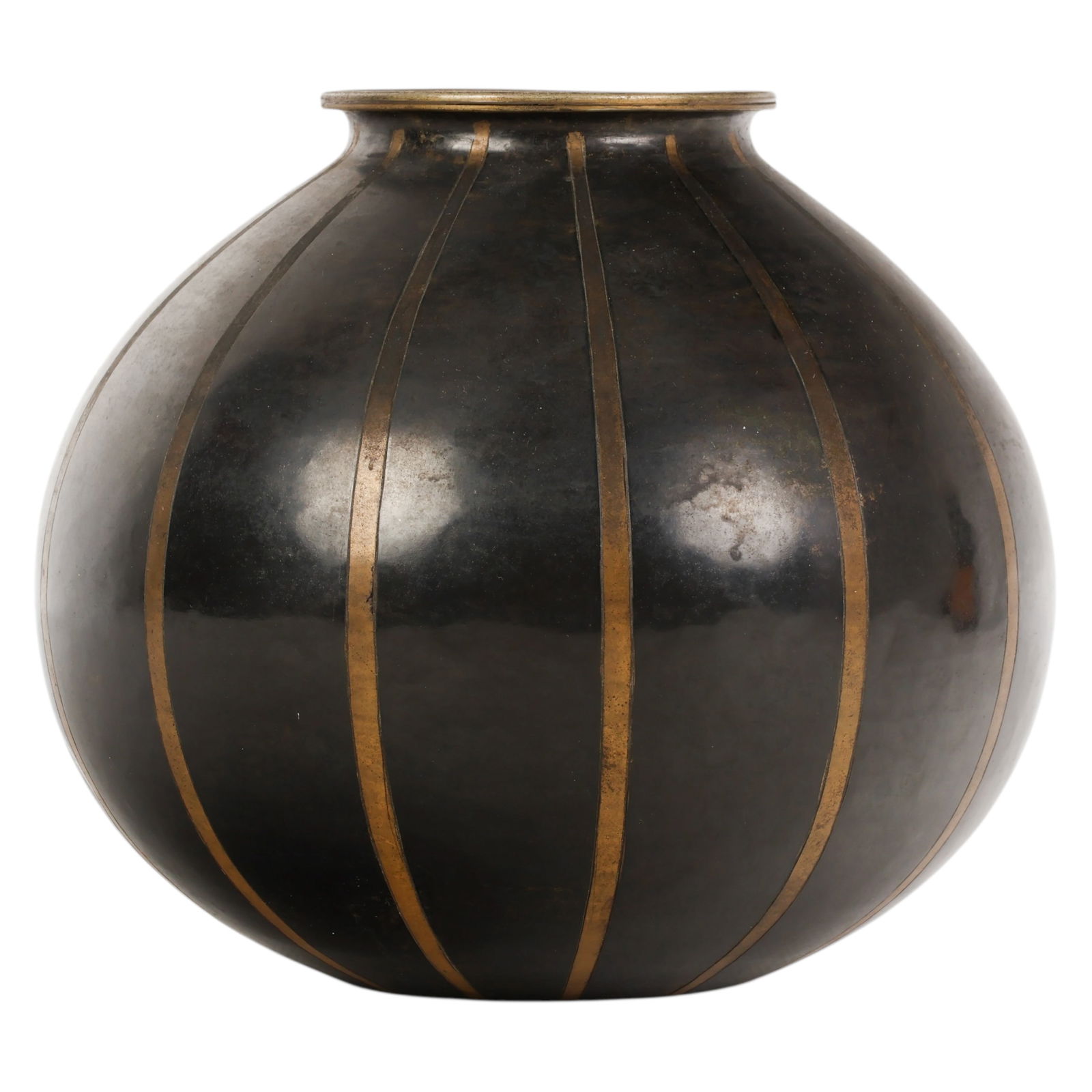 Jean Dunand 1877-1942 Art Deco Brass Stripe Vase: Jean Dunand (French, 1877-1972), an Art Deco brass stripe vase of rounded baluster form decorated with alternating vertical gilt bands on a dark metal ground. The vessel displays a refined geometric r