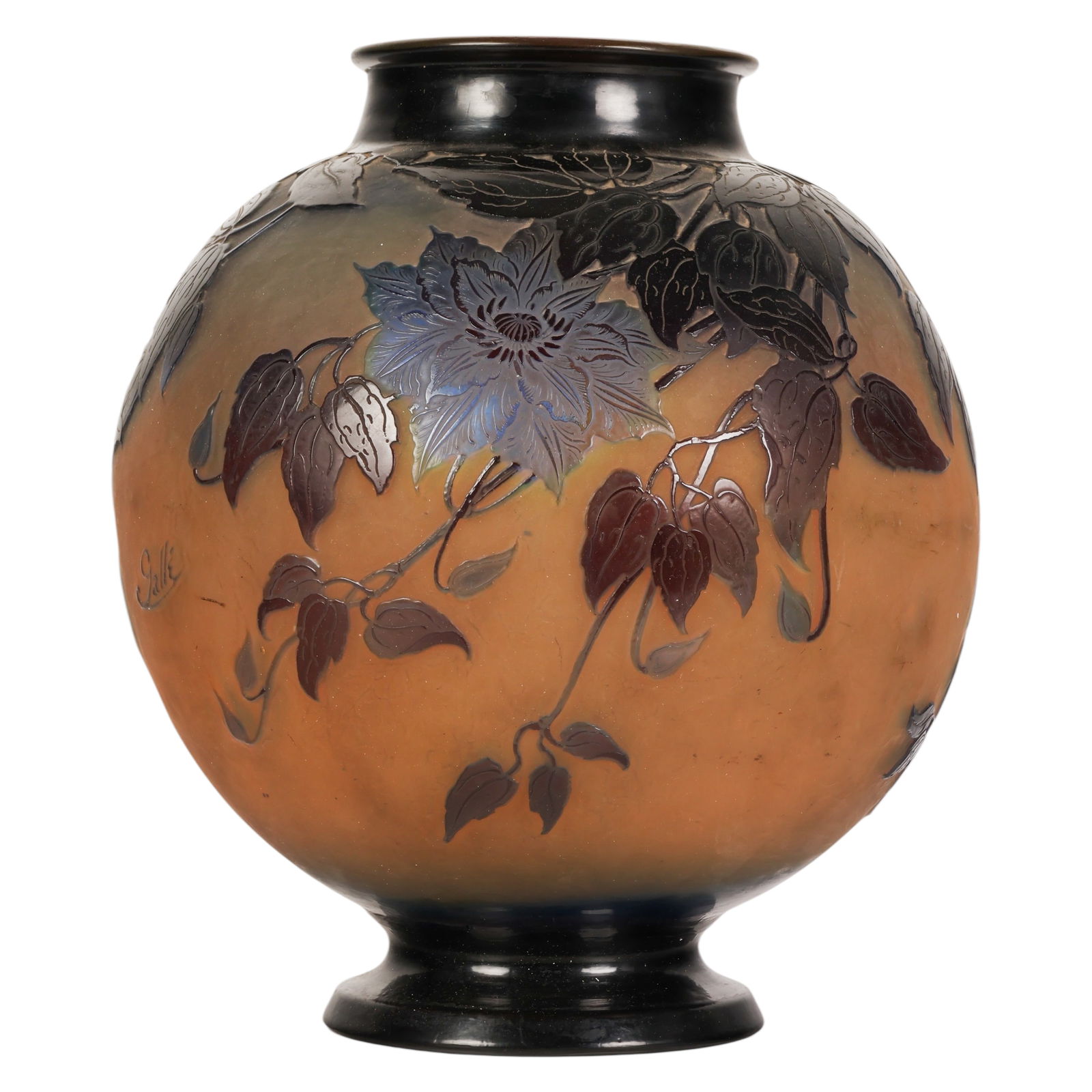 Galle Round French Etched Floral Cameo Glass Vase: Emile Galle (French, 1846-1904), a late 19th to early 20th century cameo glass vase of spherical form, finely decorated with acid etched and wheel carved clematis type blossoms in shades of violet