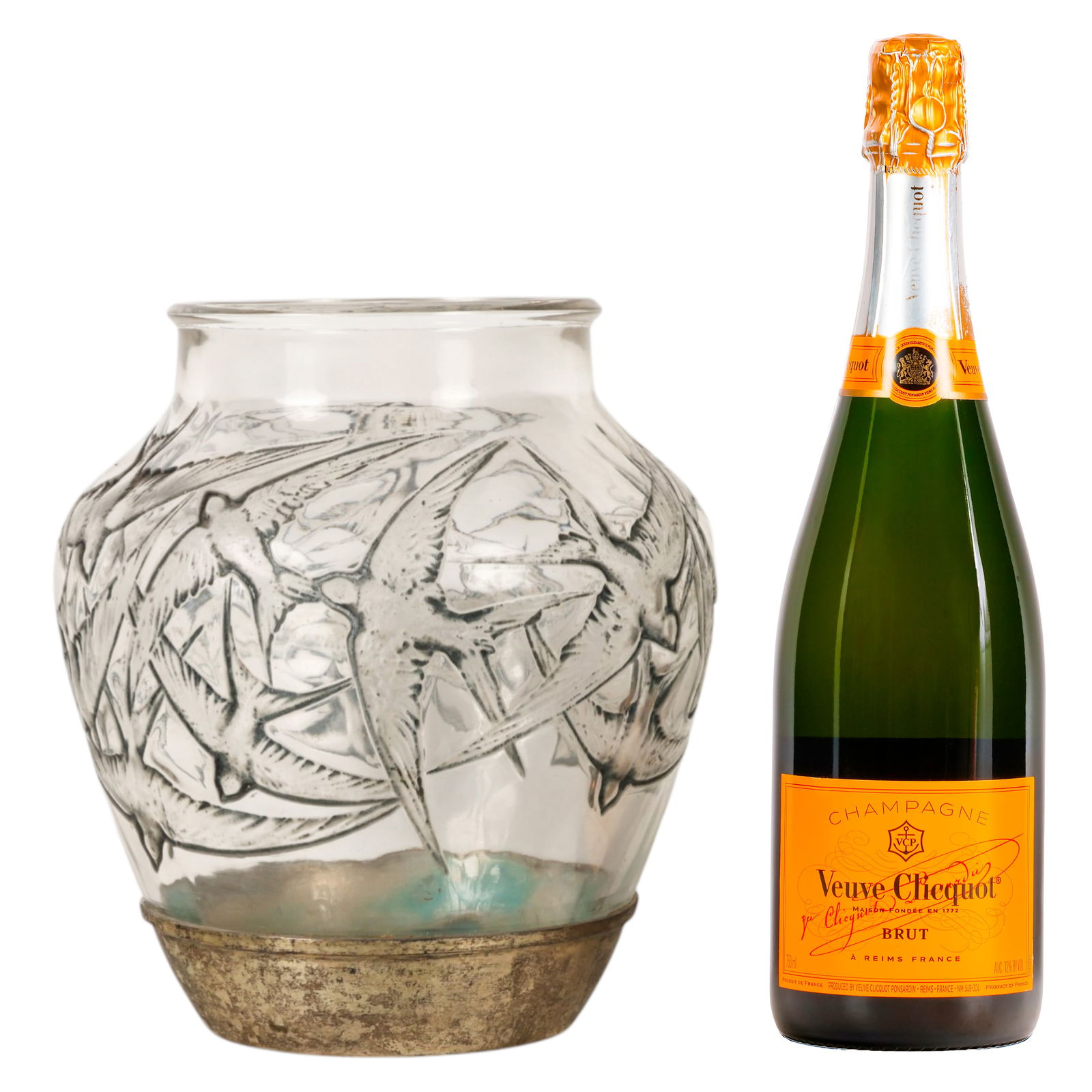 Lalique Glass Silver Mounted Swallow Relief Vase - 2