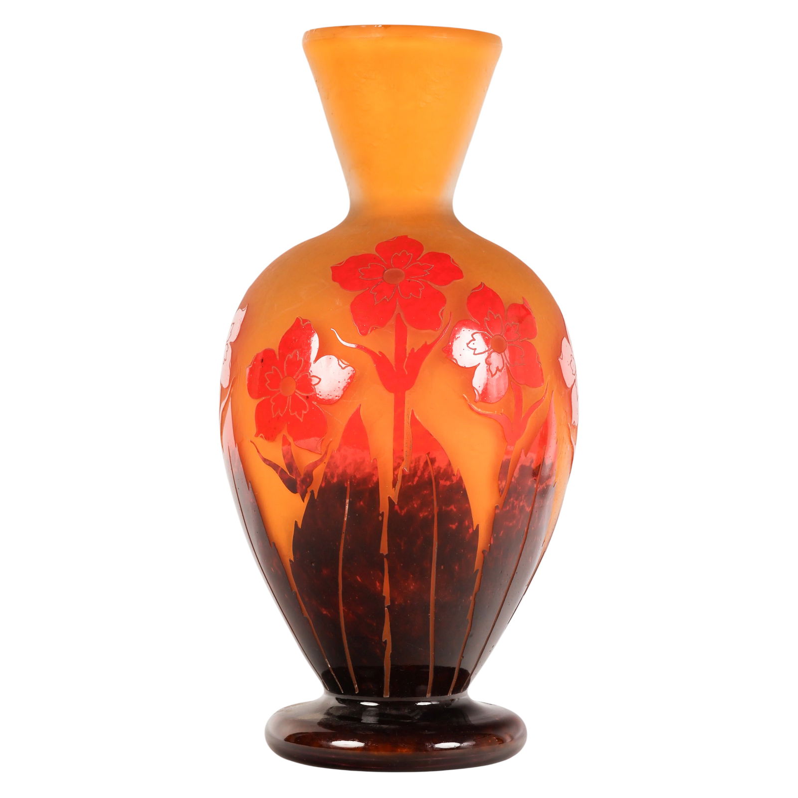 Degue 1892-1950 French Cameo Art Glass 17" Vase: David Gueron (French 1892-1950), Art Nouveau cameo glass vase of baluster form with a flared neck decorated with acid cut floral motifs in relief against a graduated ground. The base bears the makers