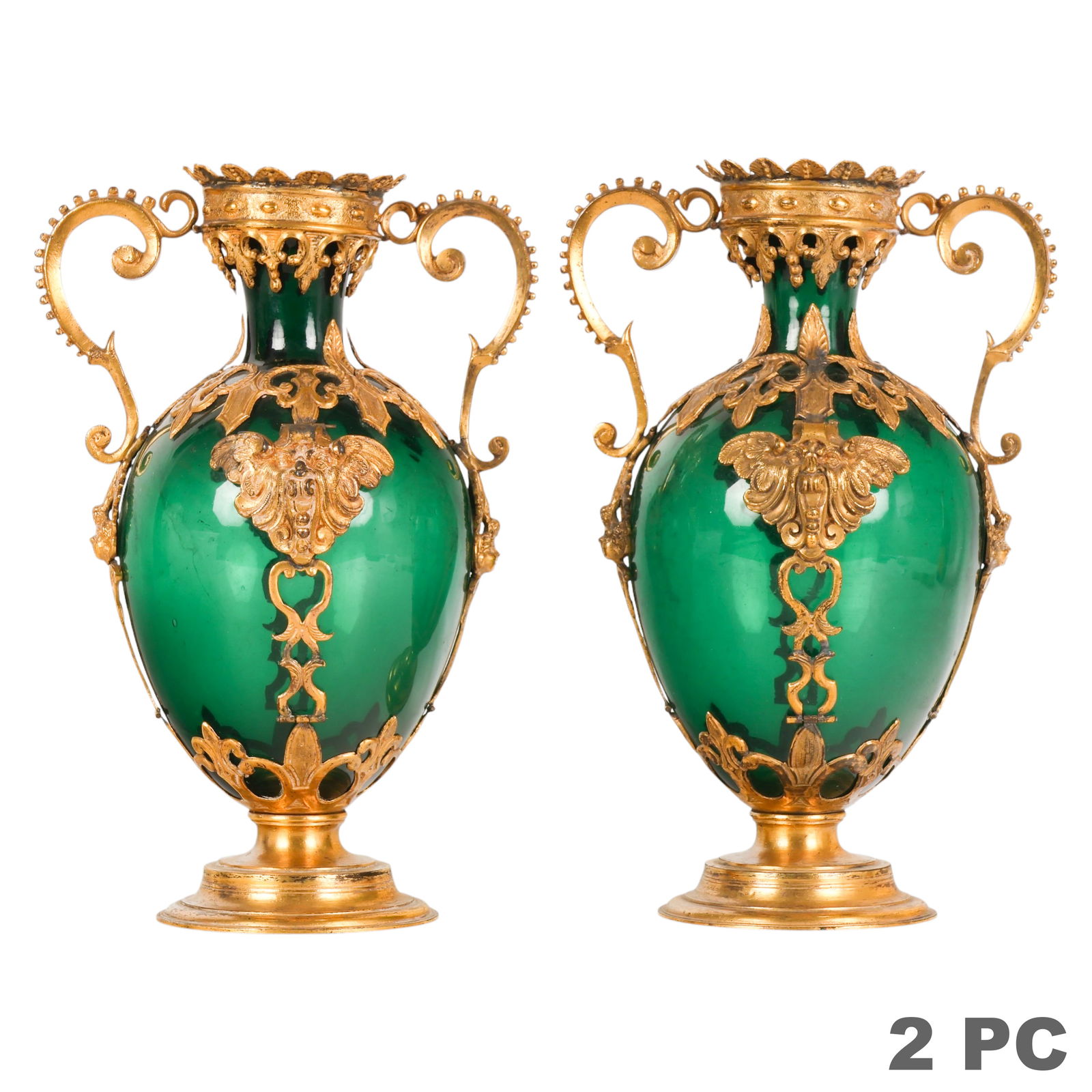 17th Century Pair of Venetian Glass Mounted Vases: Italian Venetian, pair of 17th century green glass and gilt metal urn form vases, each with an oviform body, fluted neck and shoulders, and applied figural and foliate scroll handles with mask form mo
