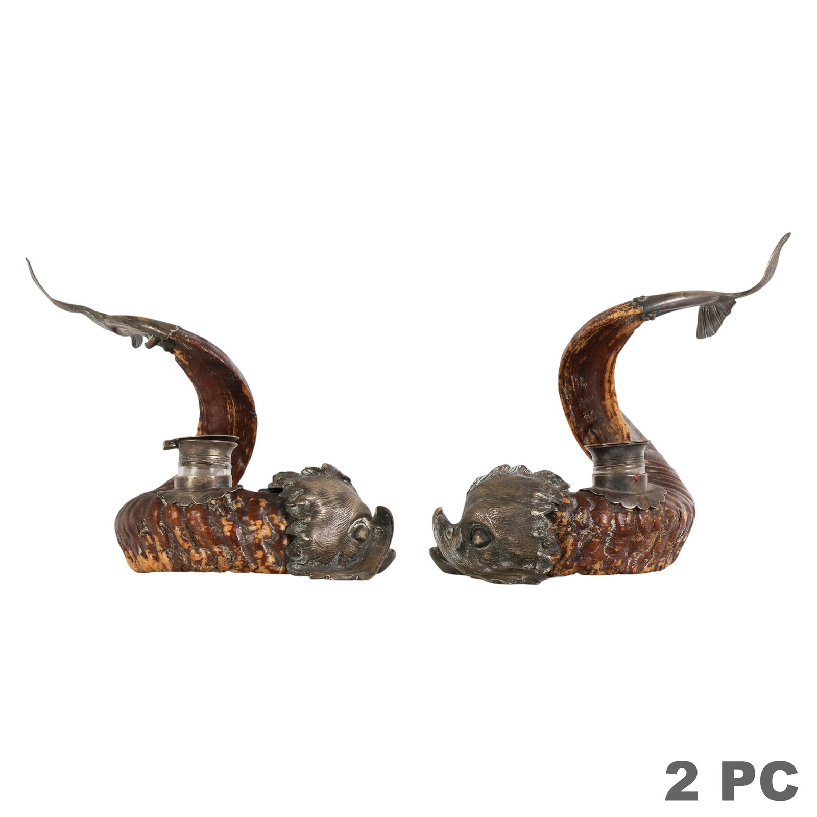 Pair of Silvered Horns Dolphin Form Inkwells: Victorian, pair of antique silver plate mounted rams horn inkwells modeled as dolphins. Each features a natural rams horn body terminating in a silver plate fish head with a cylindrical inkwell and hi