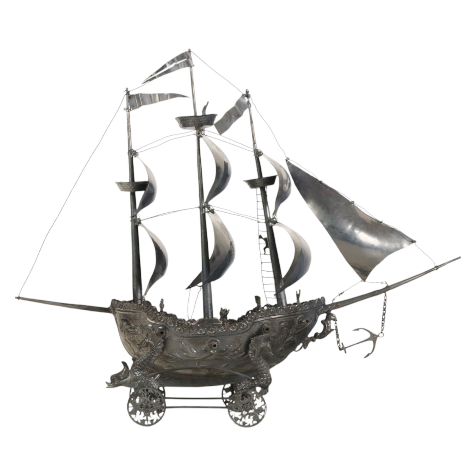Spanish Silver Table Galleon Nef Ship Model 850g.: Spanish, a finely crafted silver table ornament in the form of a traditional nef sailing ship, constructed as a three mast vessel complete with detailed rigging, pennants, anchor elements, scrolling h