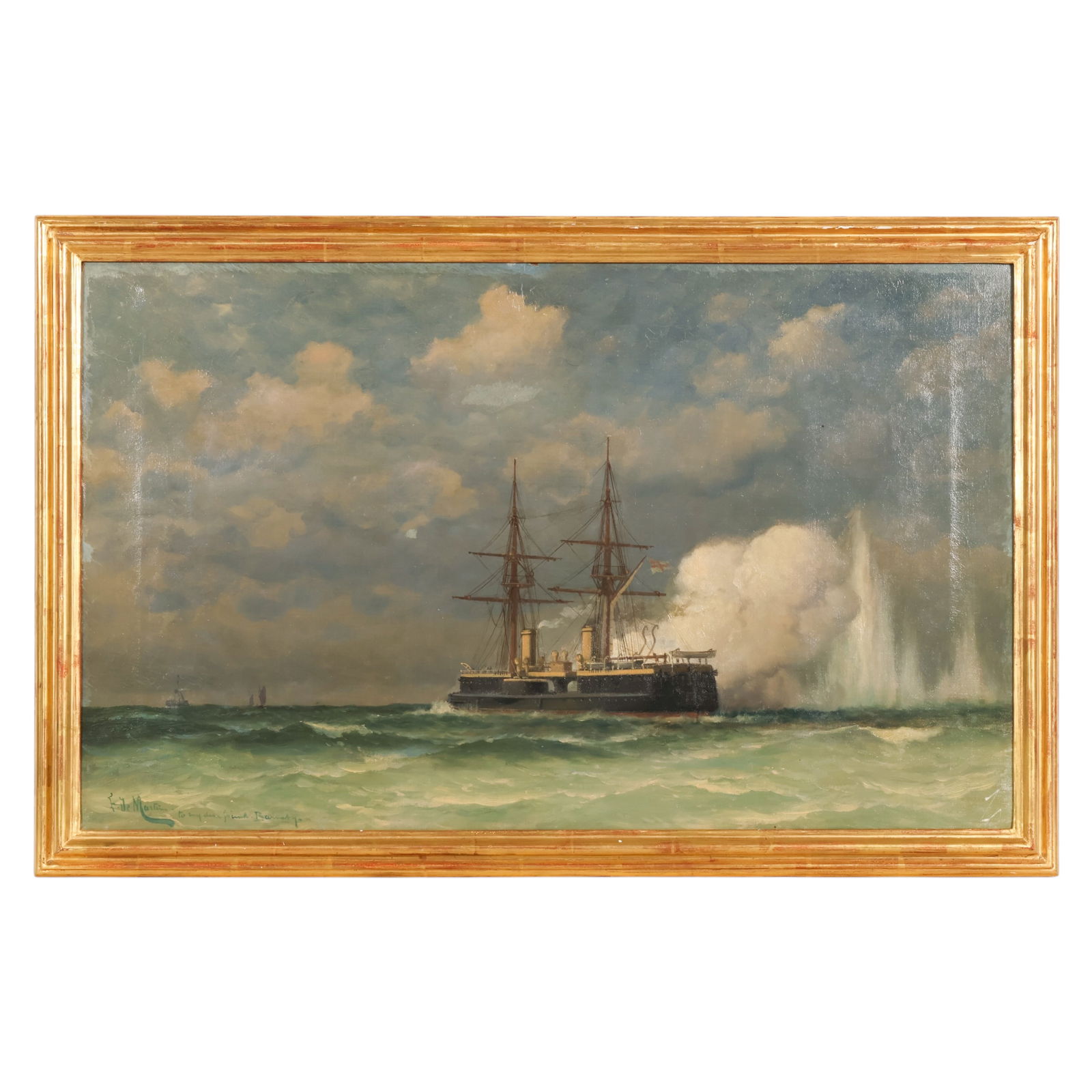 Edoardo Federico Martino 1838-1912 Ship Painting: Edoardo Federico Martino (Italian 1838-1912), oil on canvas maritime painting depicting a naval warship underway with rising water impact and smoke under a clouded sky. Signed lower left E. de Martino