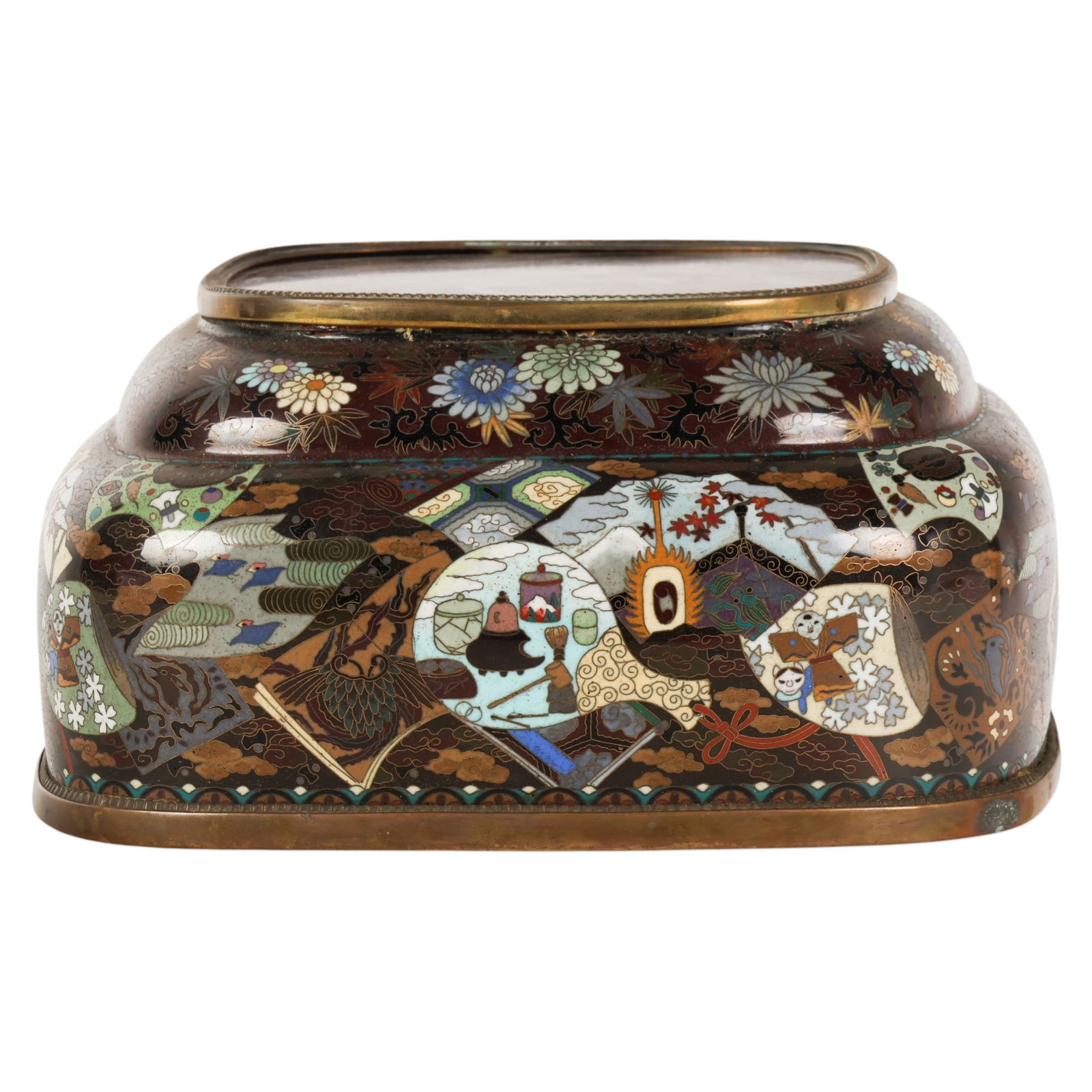 Japanese Cloisonne Enamel Rectangle Display Stand: Japanese cloisonne enamel, a rectangular plateau base featuring an inset wood top and enameled sides, the body decorated with finely detailed landscape scenes of mountains, rivers, and village views i