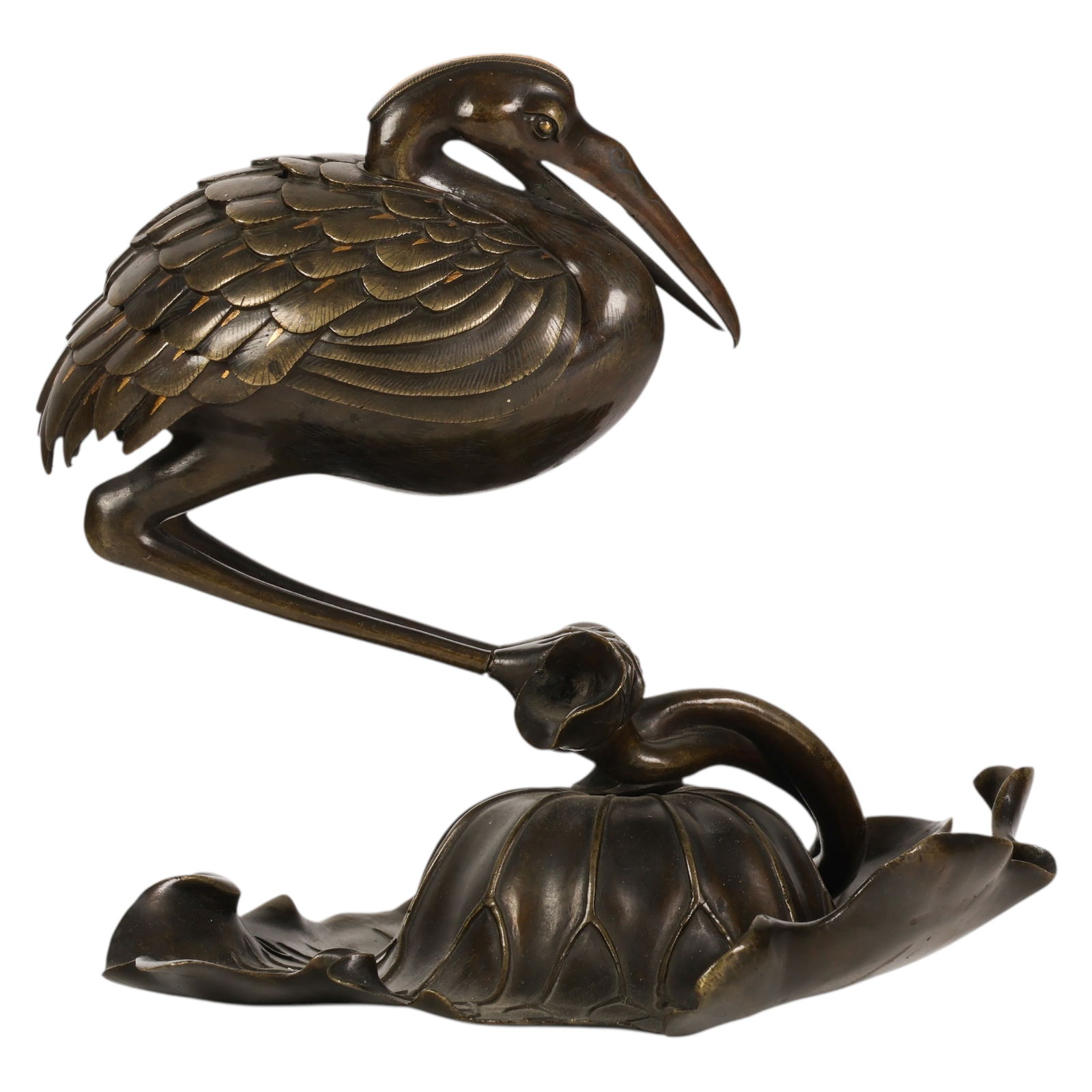 Japanese Meiji Bronze Figural Crane & Lotus Censer (1 of 6)