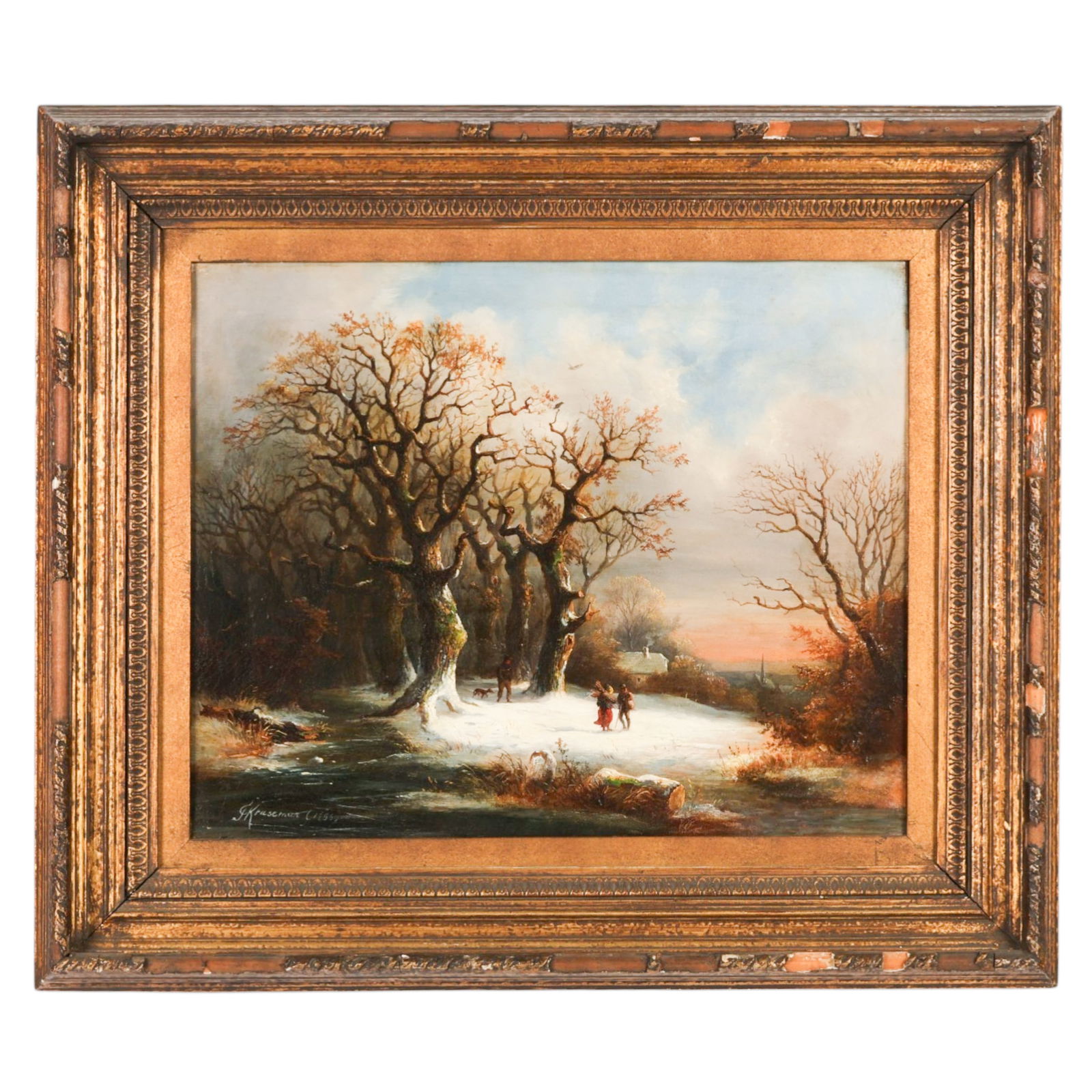 Frederik Kruseman 1816-1882 Landscape Oil Painting: Frederik Marianus Kruseman (Dutch, 1816-1882), an oil on canvas depicting a winter landscape with a snow covered forest clearing beneath a cloudy sky, the composition animated by leafless trees and fi