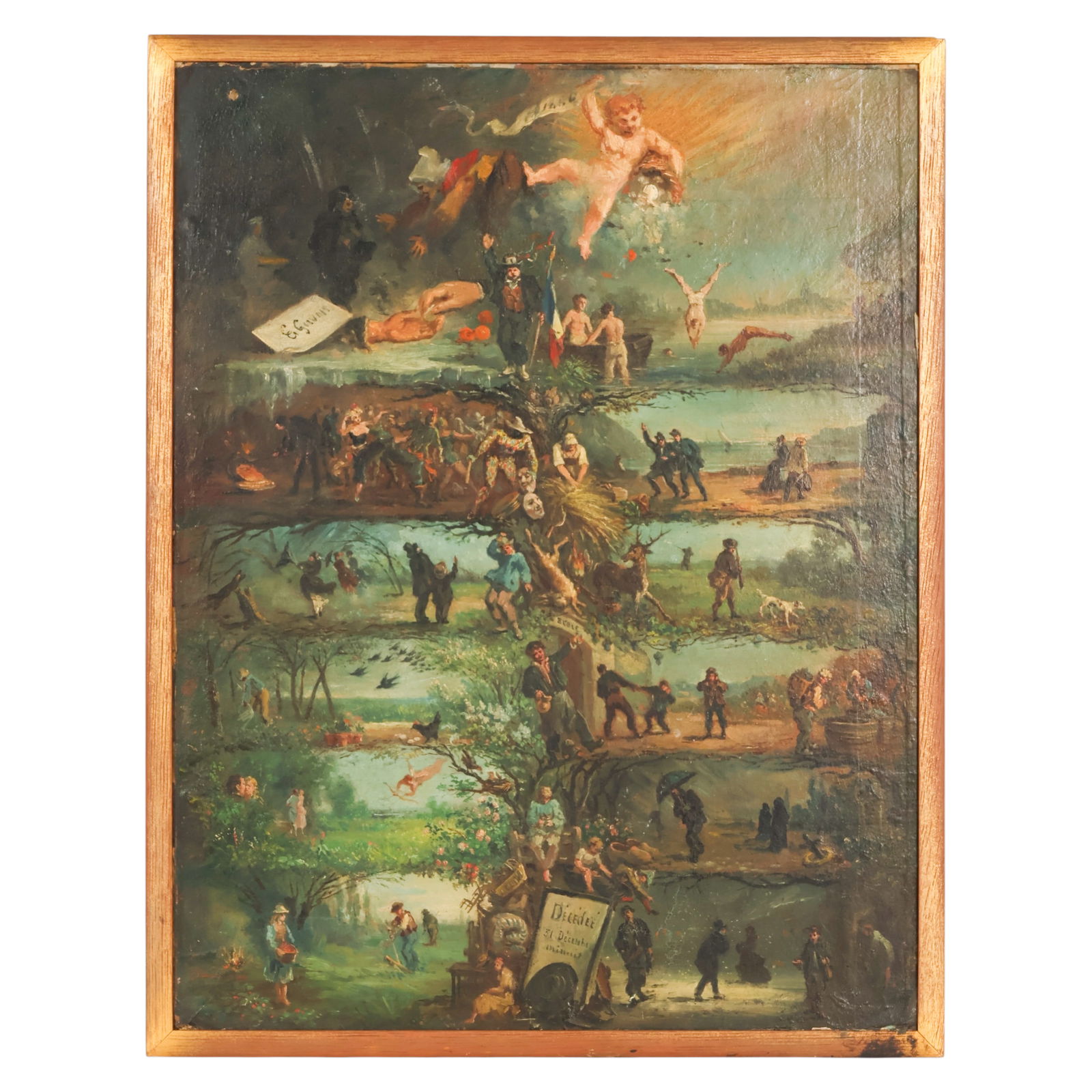 Eugene Gervais 1825-1909 Tree of Life Oil Painting: Eugene Gervais (French, 1825-1909), antique allegorical oil painting on panel depicting a Tree of Life composition arranged in structured narrative registers illustrating the human journey from birth