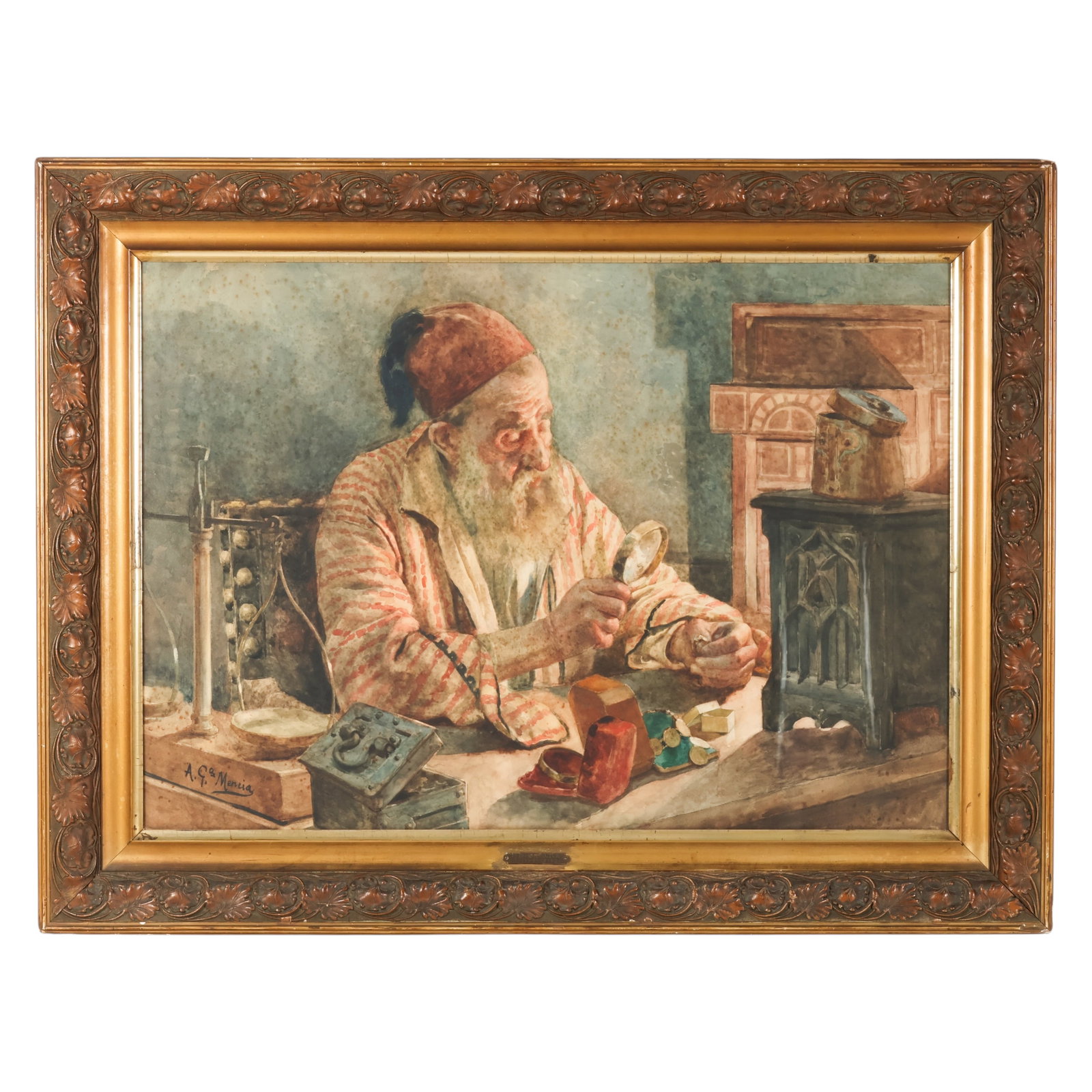 A.G. Mencia 1853-1915 Jewelry Appraiser Painting: Antonio Garcia y Mencia (Spain, 1853-1915), Jewelry Appraiser, an antique watercolor on paper depicting an interior genre scene of a seated elderly man examining a gemstone with a magnifying glass at