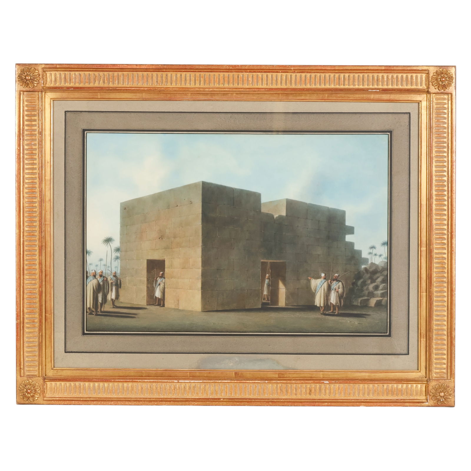 Luigi Mayer 1755-1803 Excavations of Tomb Painting: Luigi Mayer (Italian, 1755-1803), Excavations of Ancient Building Libya, a watercolor, gouache, and pastel over traces of pencil on paper depicting an architectural ruin with figures in traditional at