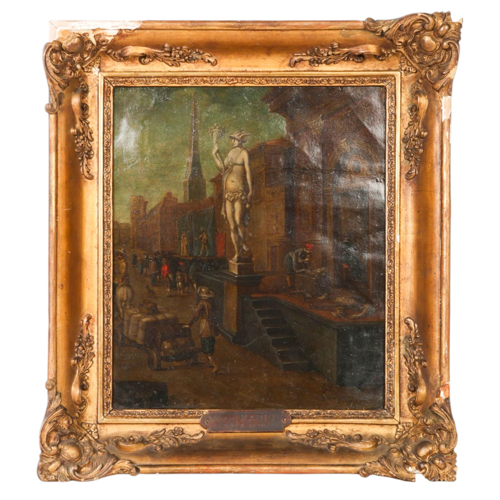 Adriaen Van Der Cabel 1631-1705 Copper Painting: Adriaen van der Kabel (Dutch 1637-1705), antique oil painting on copper depicting an Italianate landscape market scene with architectural elements, a classical statue, and street activity. Presented i