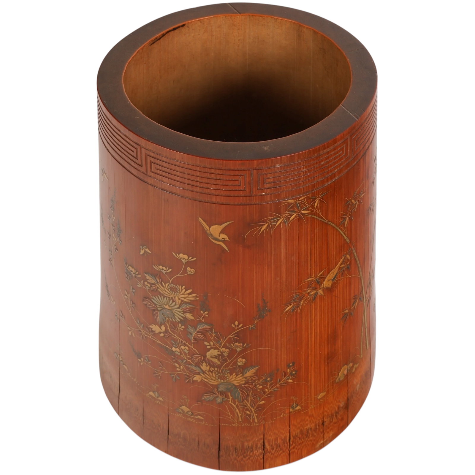 Chinese Antique Bamboo Gilt Repousse Brush Pot - 6