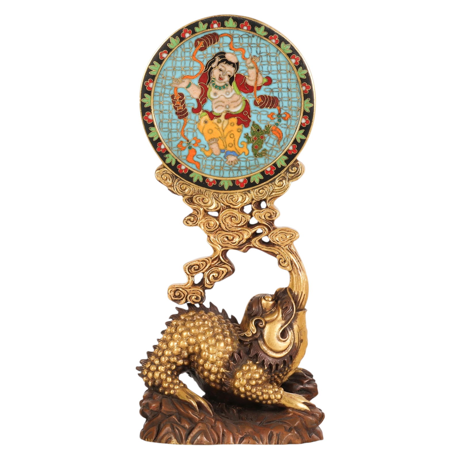 Chinese Bronze Cloisonne Deity Medallion on Stand: Chinese cloisonne enamel, a decorative medallion elevated by a gilt bronze qilin dragon modeled rising from a rocky plinth, its tail curving upward into a cloud form support that suspends the roundel