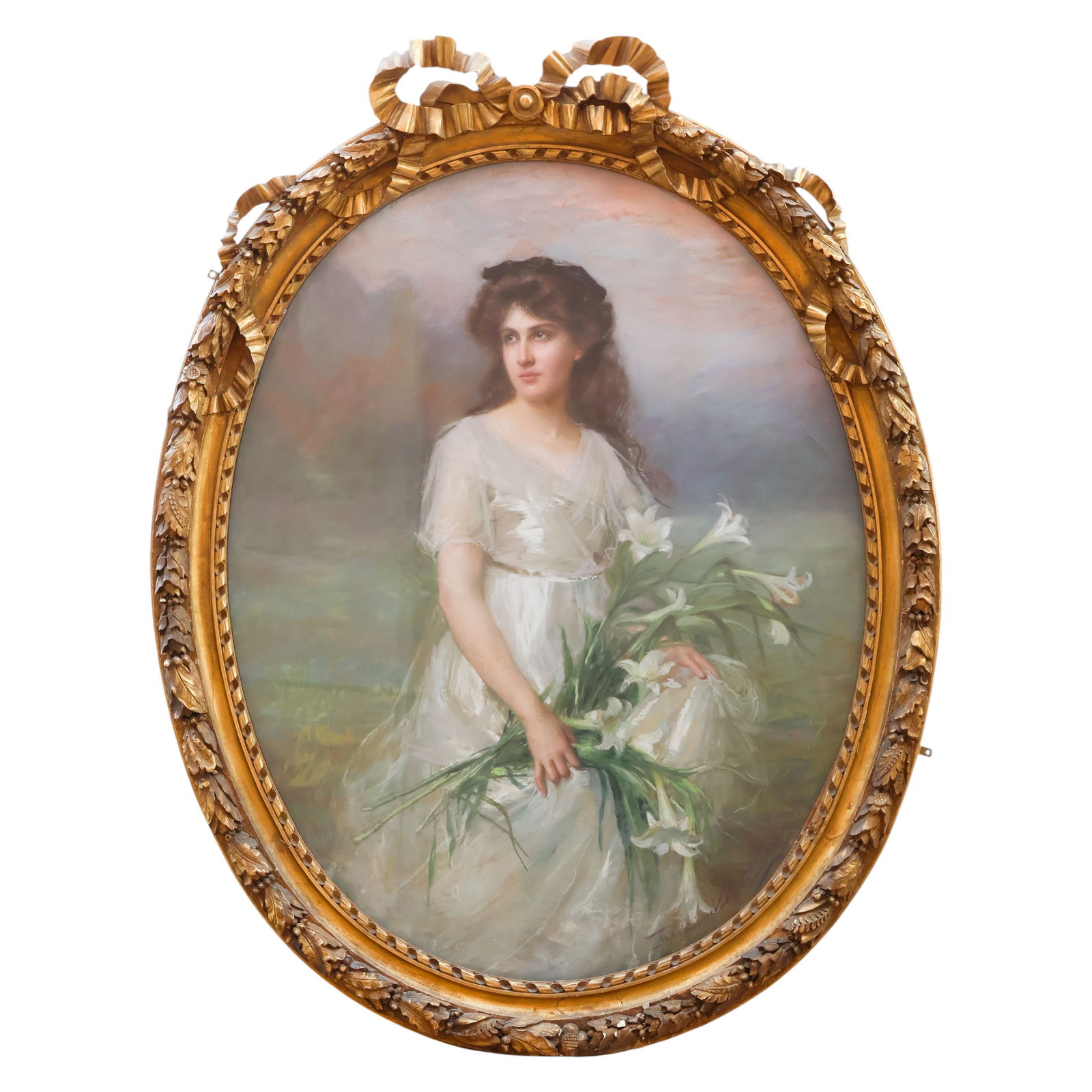 Frederique Vallet-Bisson 1865-1948 Pastel Portrait: Frederique Vallet-Bisson (French, 1865-1948), a pastel on paper laid on canvas depicting a portrait of a young woman holding white lilies within a landscape setting, presented in an elegant oval forma