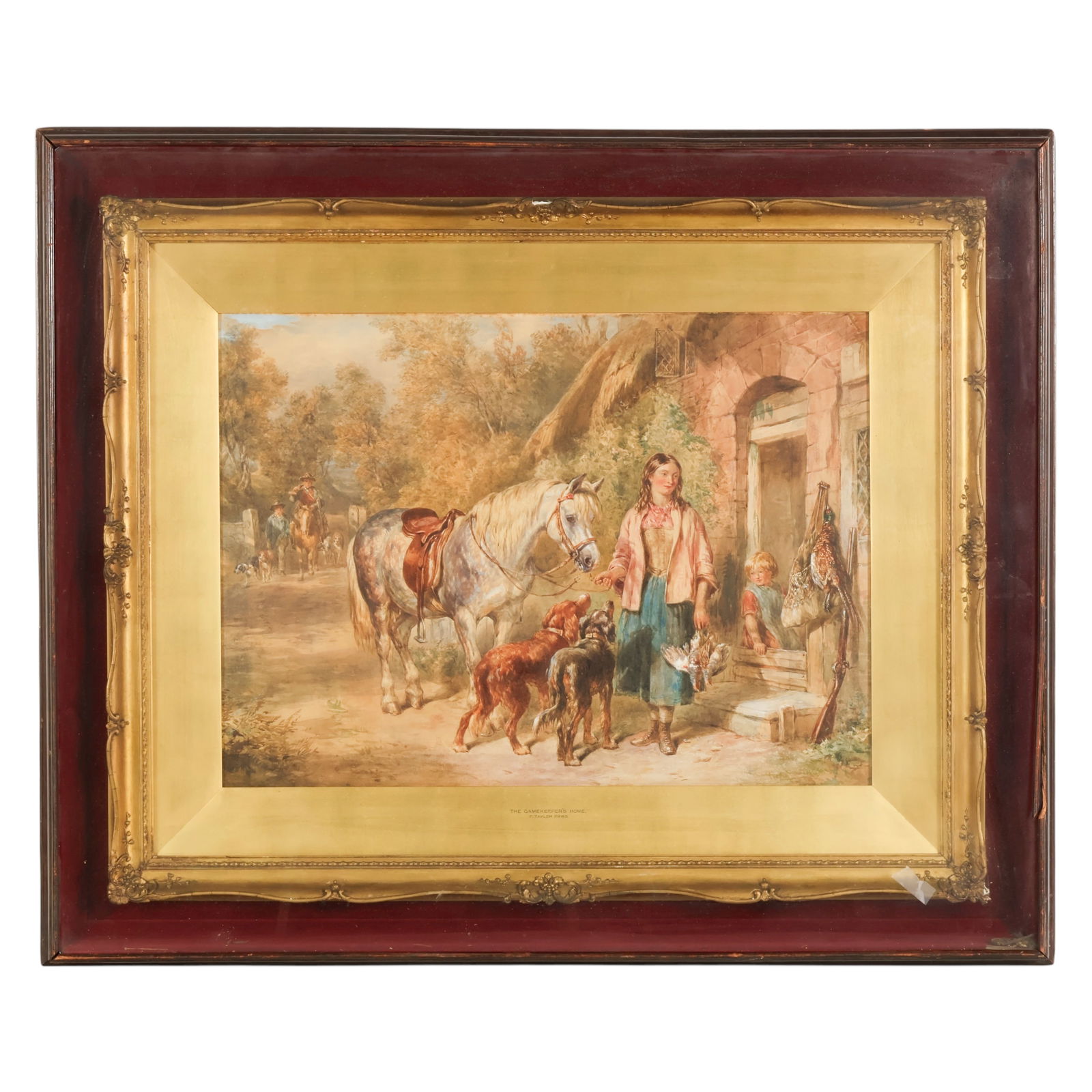 Frederick Tayler 1836-1888 Gamekeeper Watercolor: Frederick Tayler (British 1836-1888), The Gamekeepers Home PRWS, watercolor painting on paper depicting a rural scene with a young woman beside a saddled horse with dogs and children outside a stone c