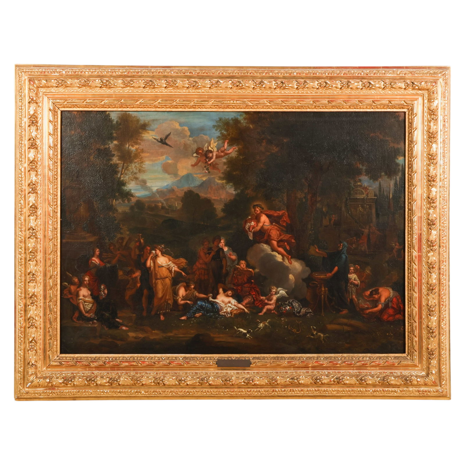 J. Louis Petit 1795-1876 La Naissance de lAmour: J. Louis Petit (French 1795-1876), La Naissance de lAmour, oil on canvas depicting a classical allegorical scene with figures in a pastoral landscape beneath a dramatic sky with flying putti. No appar
