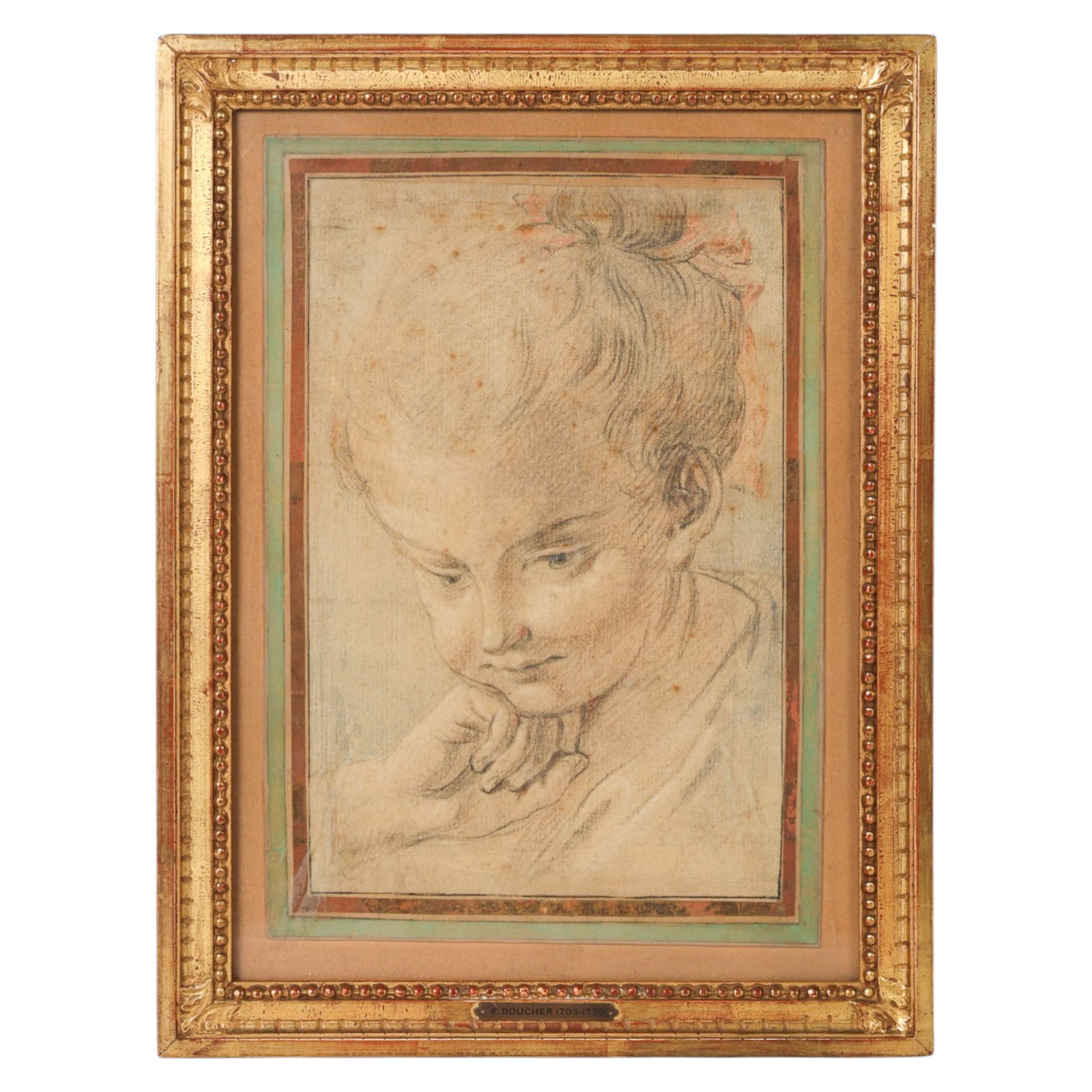 Francois Boucher 1703-1770 Study of Girl Drawing: Francois Boucher (French 1703-1770), antique charcoal and chalk drawing on paper depicting a portrait study of a young girl in three quarter view with her hand resting beneath her chin. Presented unde