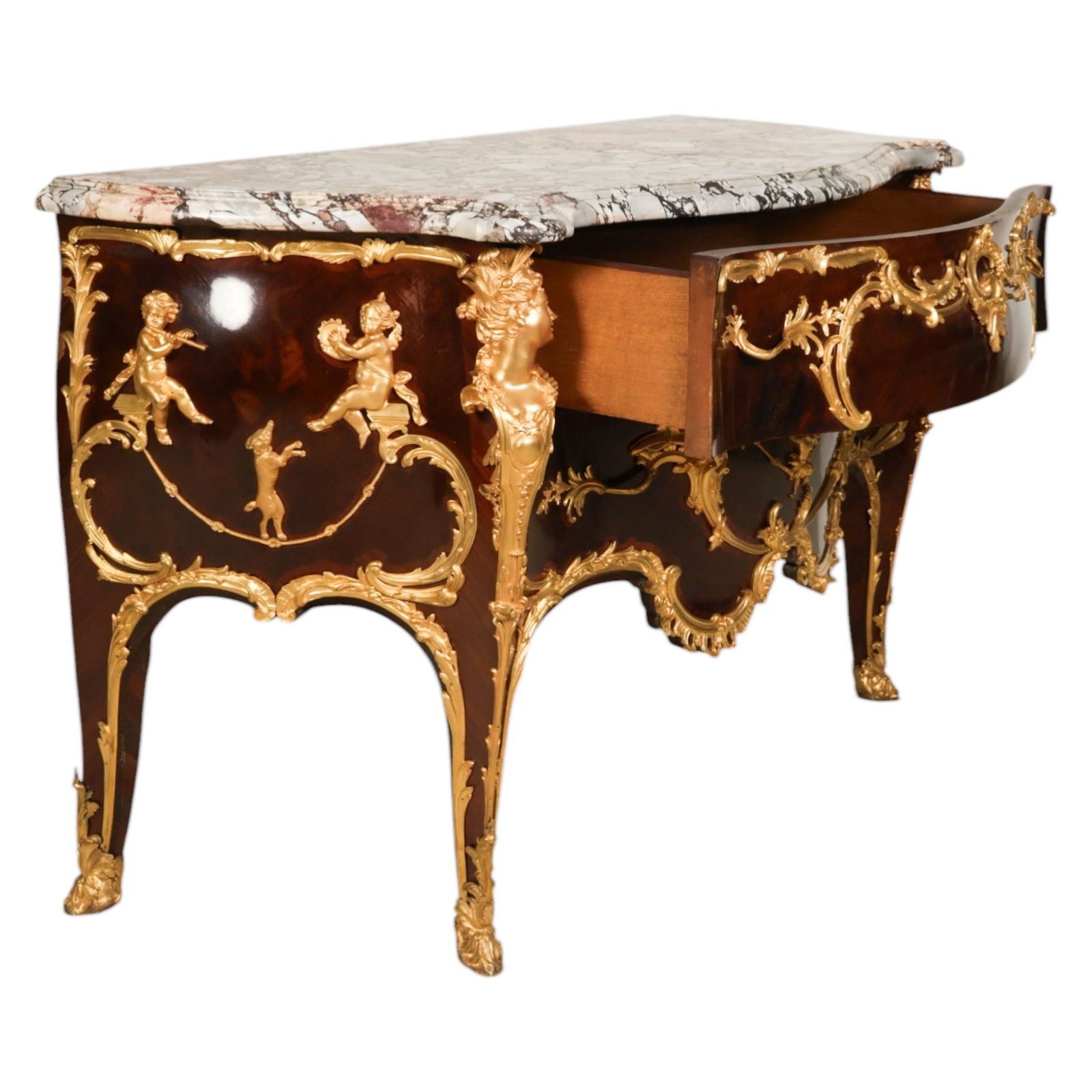 Krieger French Ormolu Marble Top Bombe Commode - 2