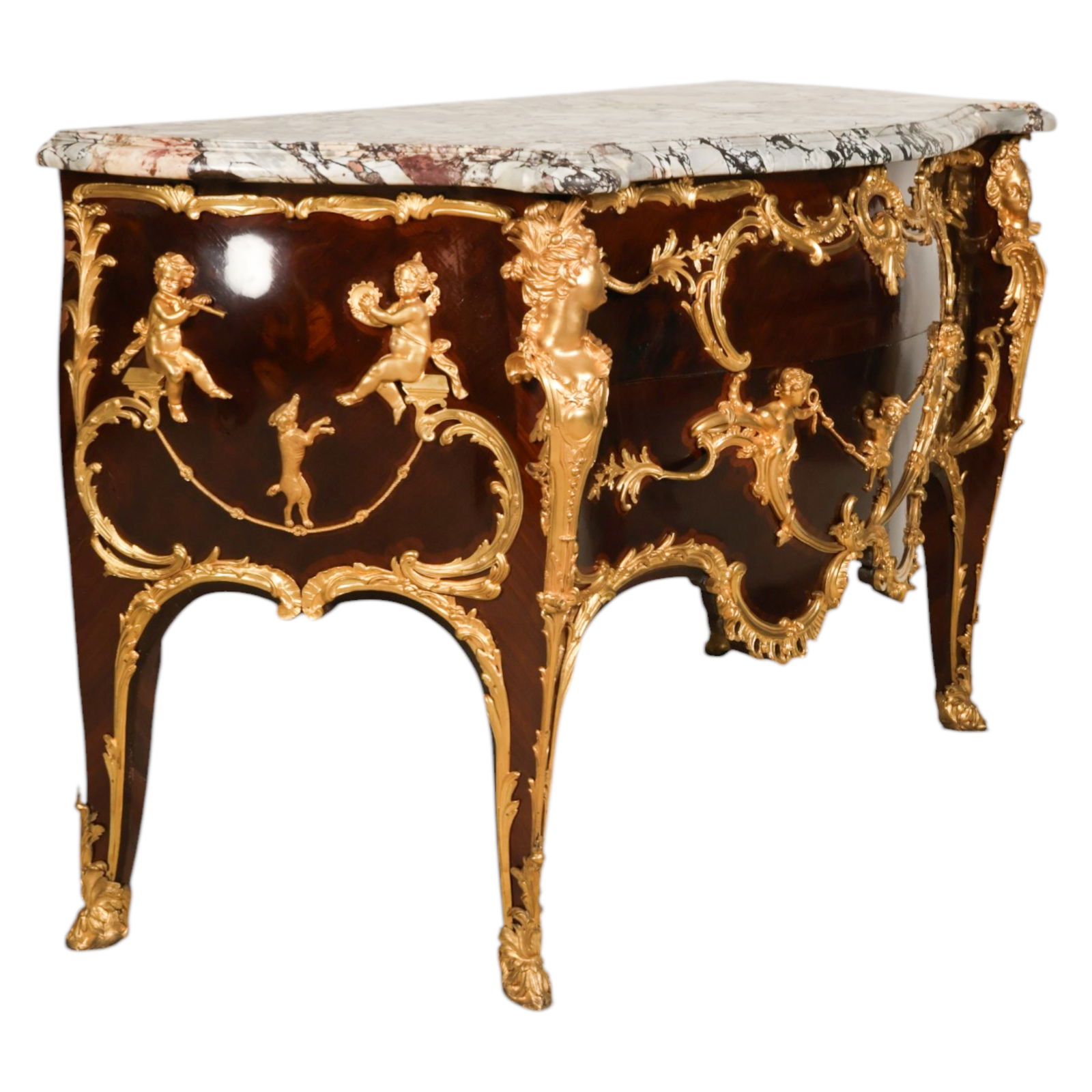 Krieger French Ormolu Marble Top Bombe Commode - 3
