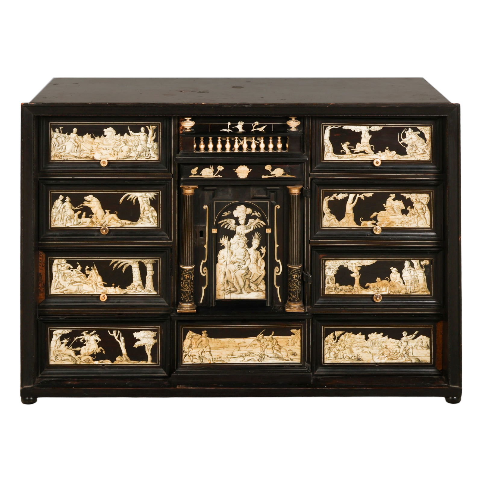 German Renaissance Ebonized Inlaid Wood Cabinet: German, antique 17th century style Renaissance collectors chest or jewelry cabinet constructed in ebonized wood with extensive bone inlay. The architectural case features drawers flanking a central