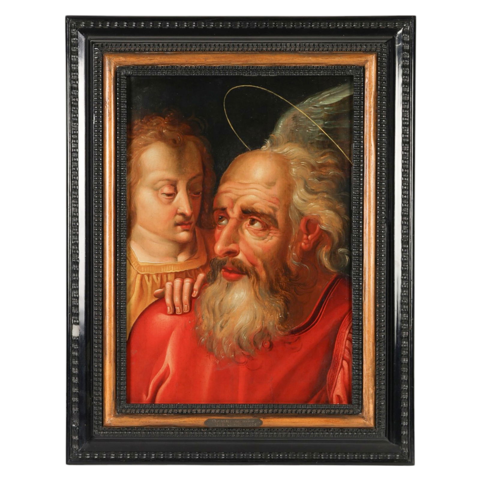 Lambert Lombard 1505-1566 Old Master Oil Painting: European, an antique oil on panel depicting a bust length portrait of Saint wearing a red robe and halo, accompanied by a young angel shown in profile. The composition reflects traditional devotional