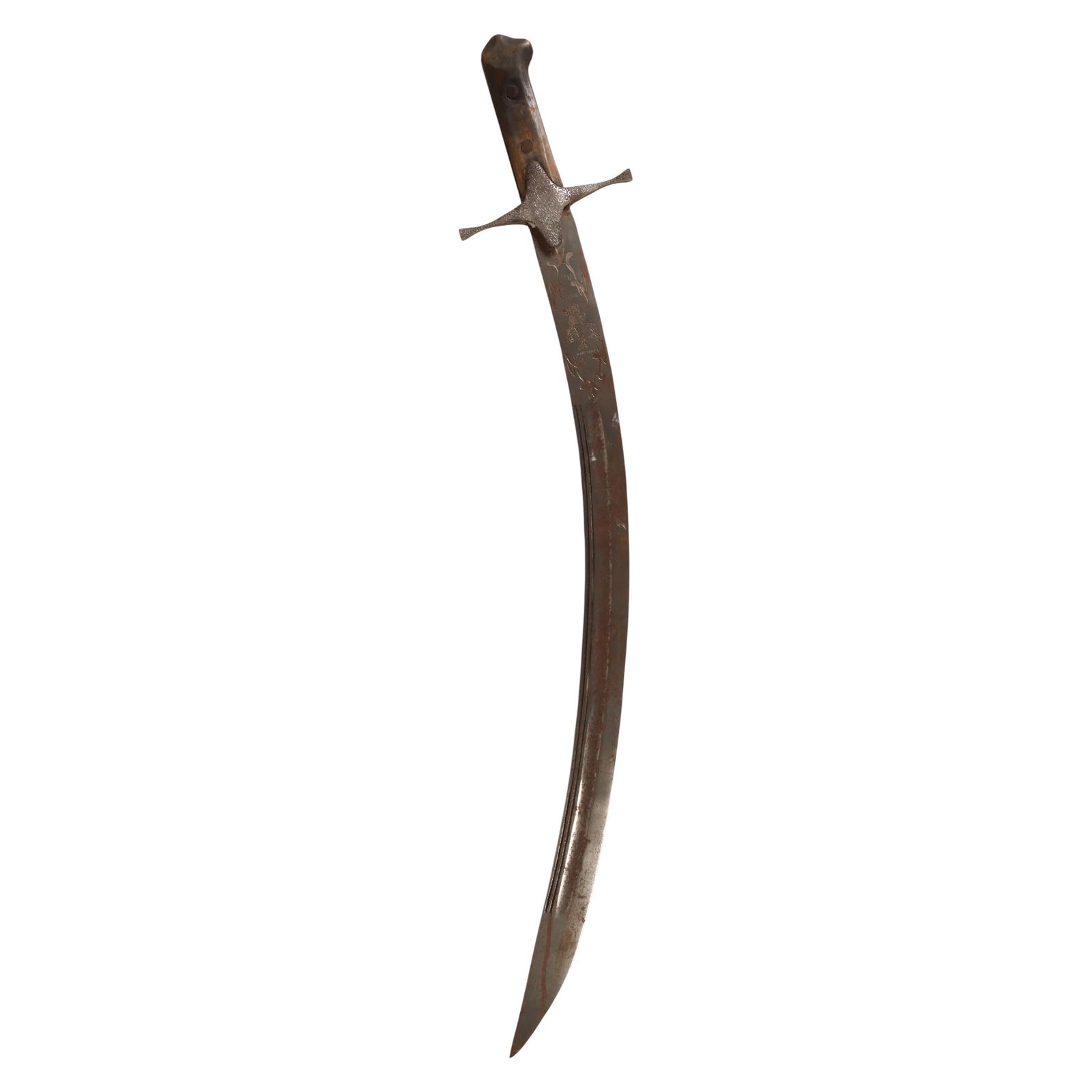 Antique Polish 1861 Curved Blade Cavalry Sabor: Antique sword with a curved steel blade engraved with Polish script and symbolic imagery dated 1861. One side of the blade bears religious invocations while the opposite side features the Polish