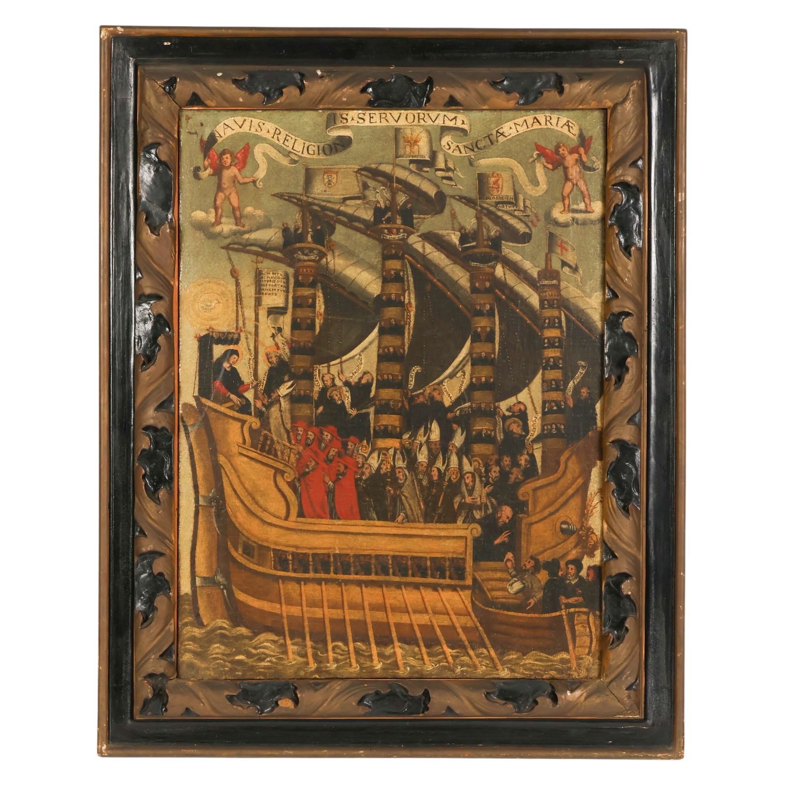 Spanish School 16th Century Ship Church Painting: Spanish School 16th Century antique oil on canvas titled The Ship Of The Religion Of The Servants Of The Holy Mary. Clergy in vestments gather on deck with attendants and rowers below. Banners bear