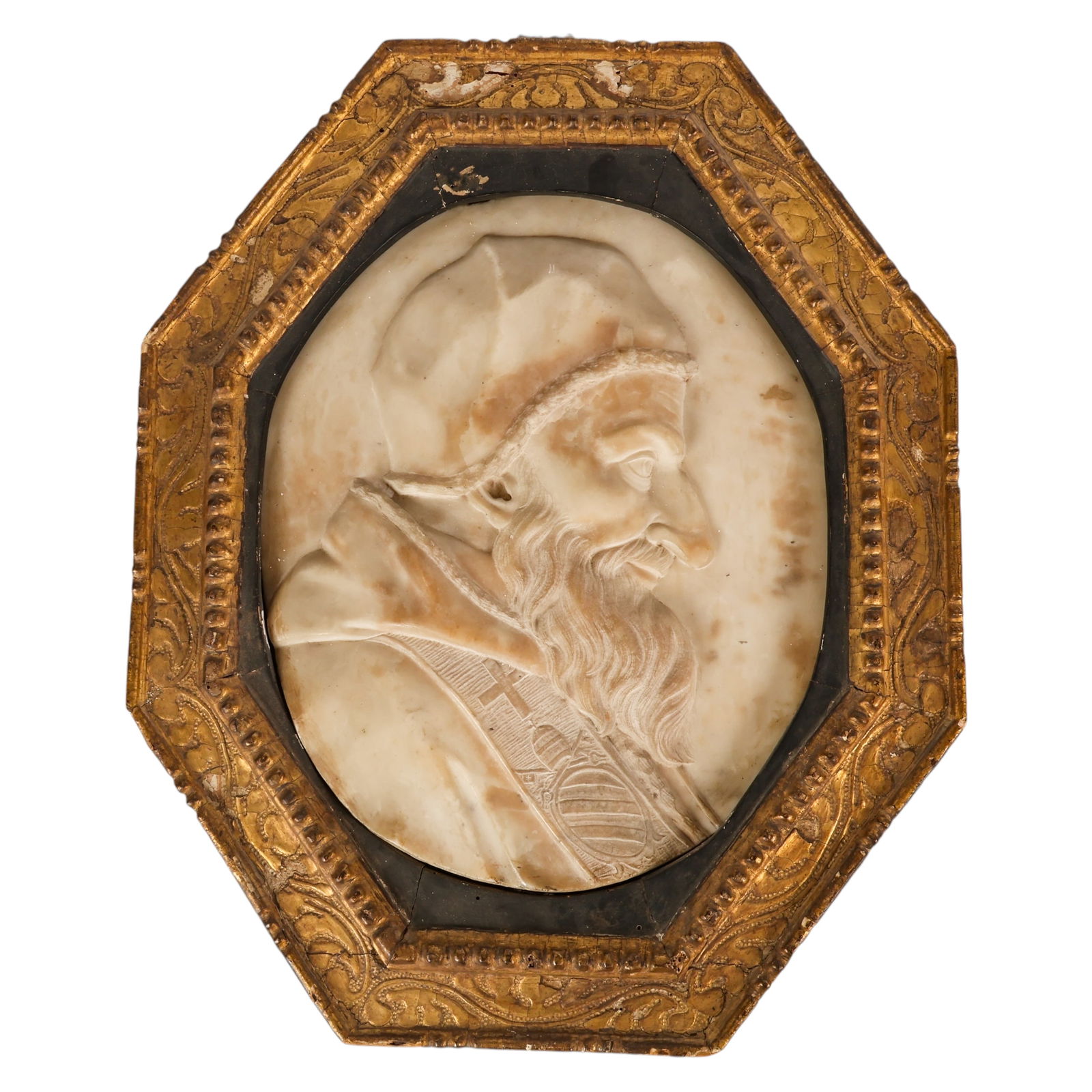 17C Italian Pope Innocent XI Carved Marble Relief: Antique 17th century Italian marble bas-relief depicting the profile of Pope Innocent XI (1611-1689), Italy, 17th century. The carved religious marble plaque shows the pontiff in profile wearing