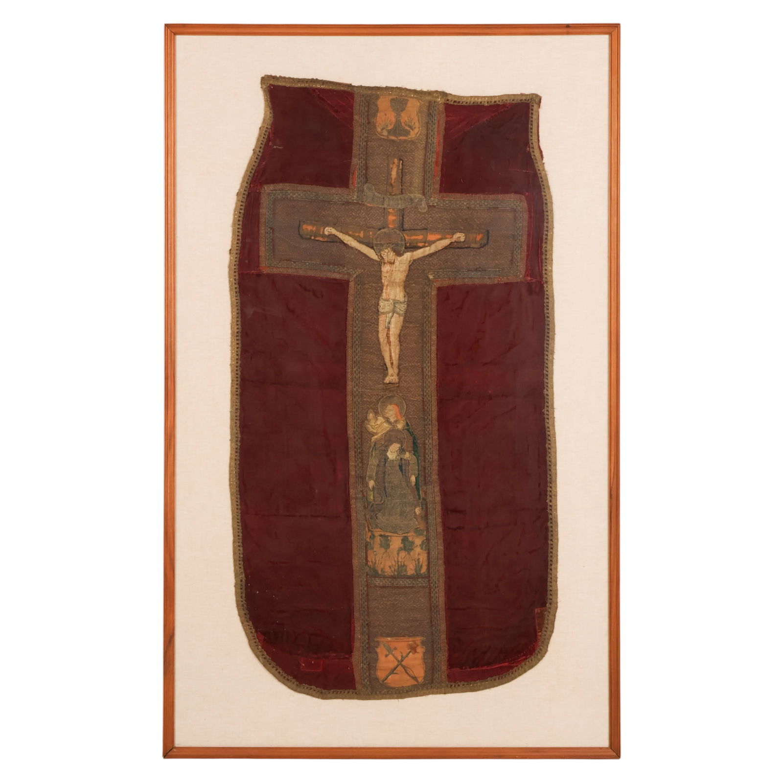 Liturgical Embroidered Crucifix Chasuble Fragment: Antique liturgical chasuble religious fragment in the late 15th - early 16th century, executed in Italian velvet with metal and silk embroidery. The composition features a crucifix with the bleeding