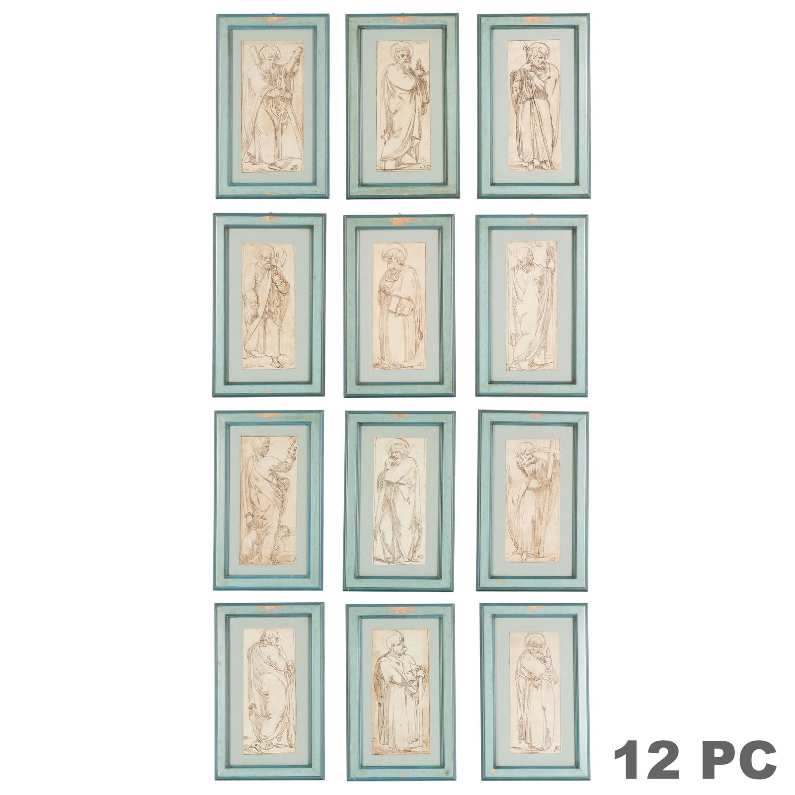 Giuseppe Cades 1750-1799 Twelve Apostles Drawings: Giuseppe Cades (Italian, 1750-1799), a set of twelve ink on paper religious studies depicting the Apostles, each figure rendered with distinct attributes and expressive individuality. The drawings
