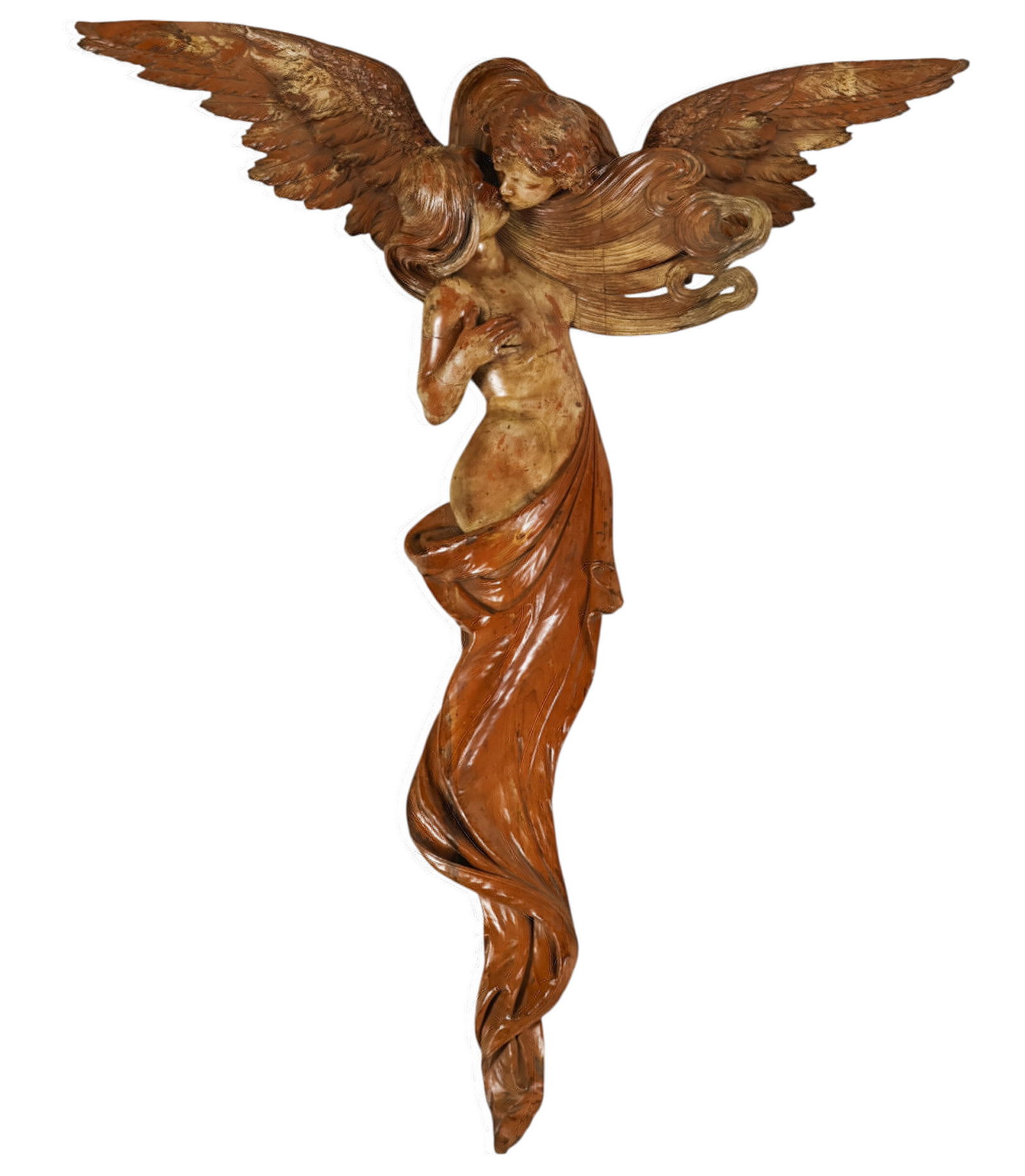 Art Nouveau Sculptural Wooded Angel Wall Hanging: Antique Art Nouveau carved figural wooden wall hanging religious sculpture depicting a semi nude female figure embraced by a winged guardian angel. Executed in high relief with flowing hair and draped