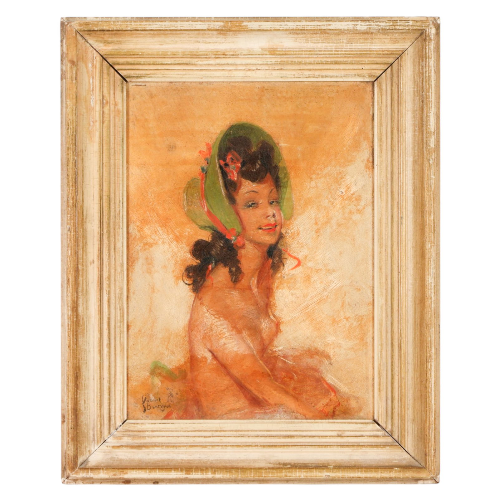 Jean Gabriel Domergue 1889-1962 Semi Nude Painting: Jean Gabriel Domergue (French, 1889-1962), an oil on board portrait depicting a half nude smiling young woman with dark curled hair, wearing a green bonnet accented with a red ribbon and floral orname