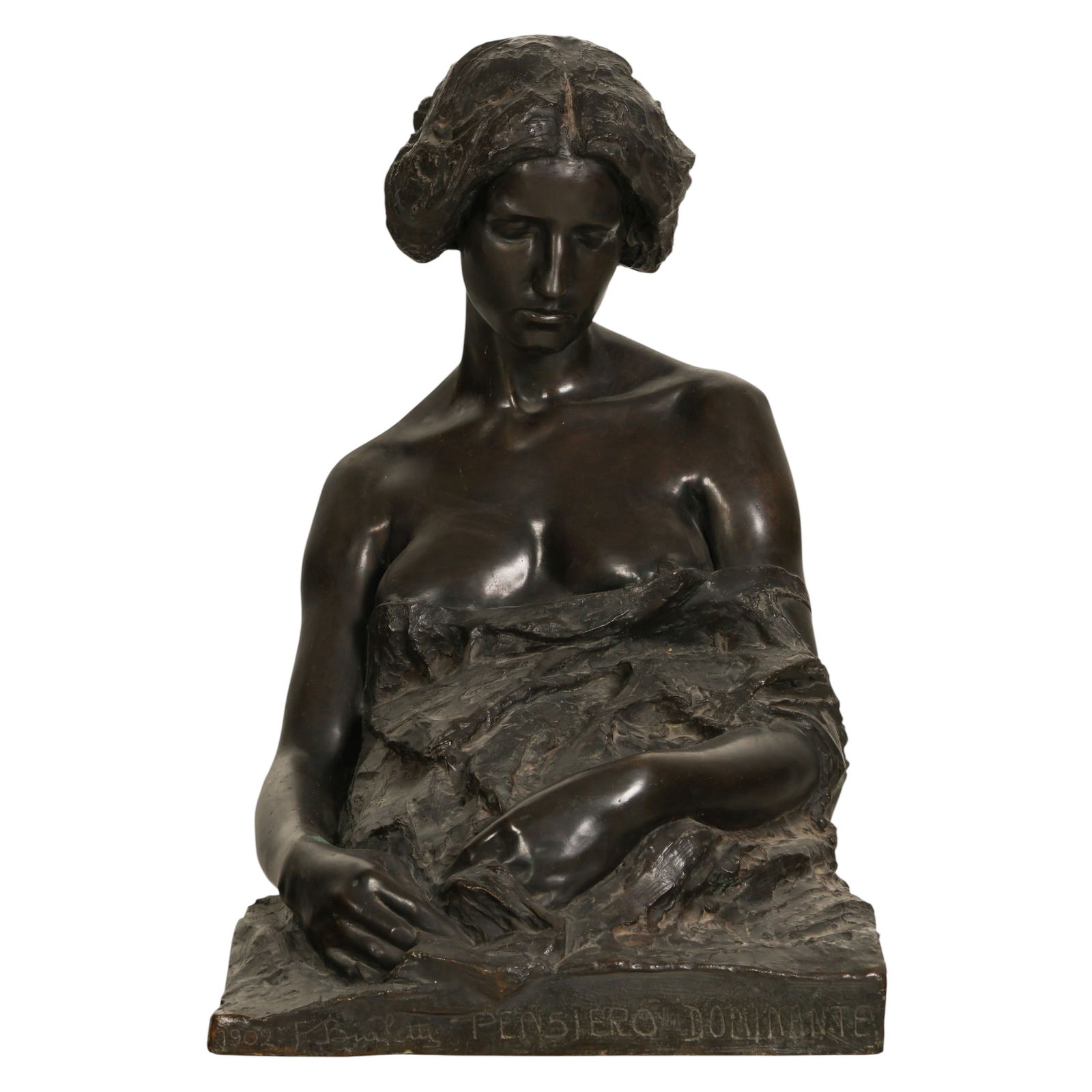 Felice Bialetti 1869-1906 Semi Nude Female Bronze: Felice Bialetti (Italian 1869-1906), Pensiero Dominante, 1902, patinated bronze figural sculpture depicting a seated female nude with downcast gaze. The drapery is rendered in an expressive manner con