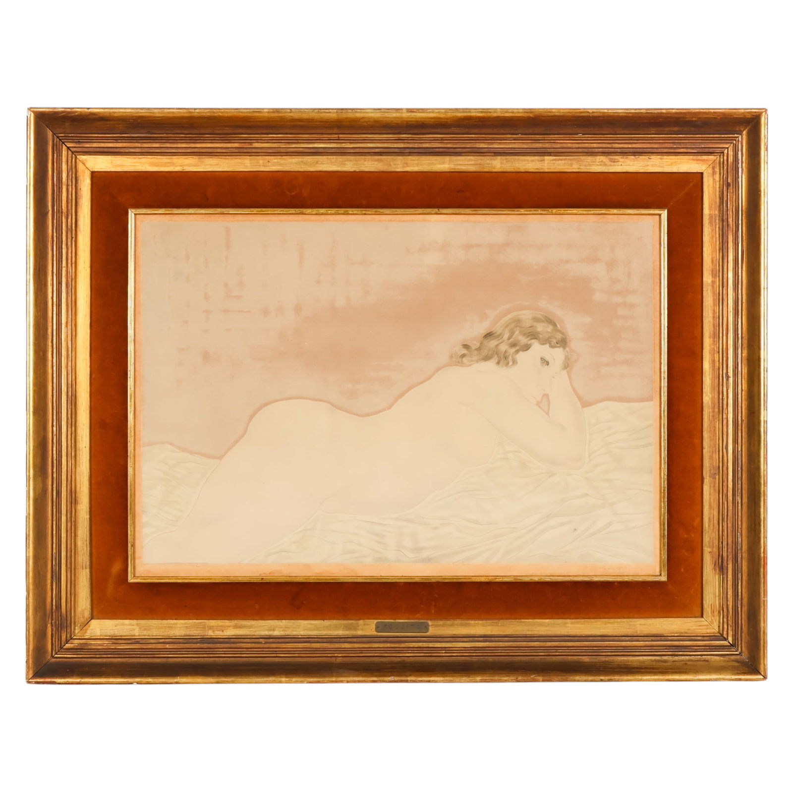 Tsuguharu Foujita 1886-1968 Repose Nude Painting: Tsuguharu Foujita (Japanese-French, 1886-1968), a watercolor and pencil on paper depicting a softly rendered nude figure reclining on drapery, executed with delicate linework and pale tonal washes cha