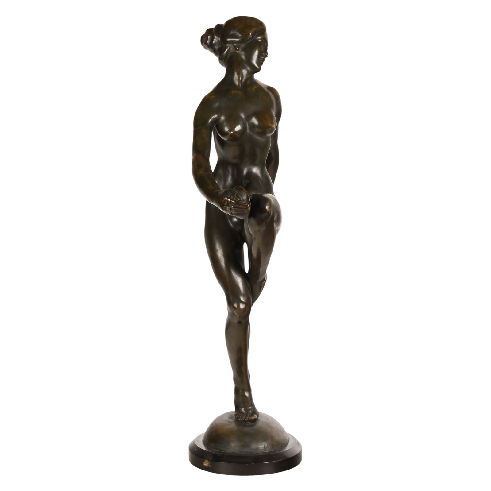 Francois E Popineau 1887-1951 Dancing Nude Bronze: Francois Emile Popineau (French, 1887-1951), Art Nouveau bronze figural sculpture depicting a graceful nude female dancer balanced on one leg in a dynamic classical pose, holding tambourines in her ha