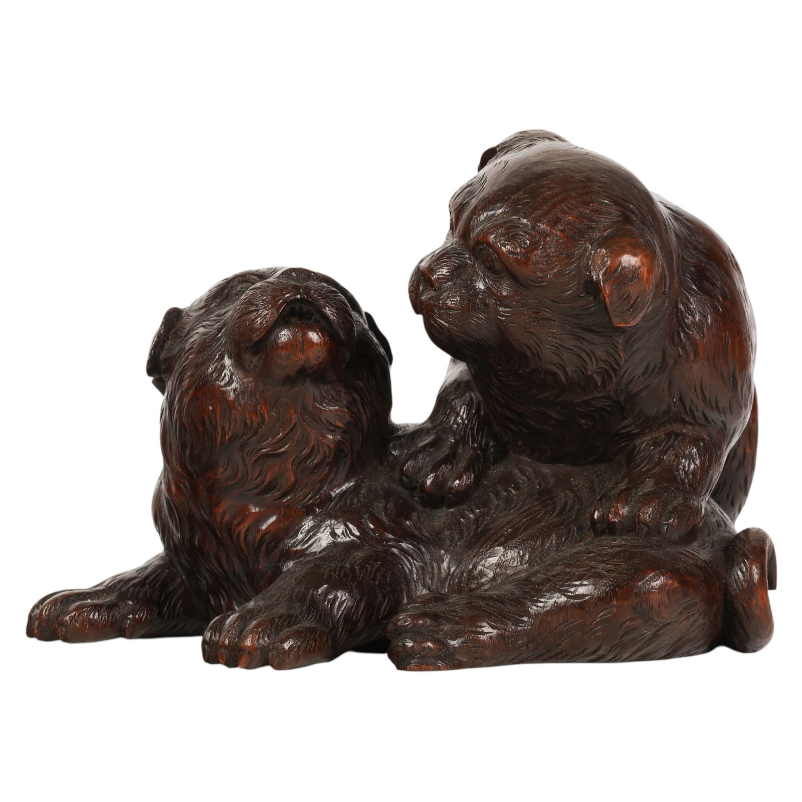 Japanese Antique Yoshiaki Wood Dog Carving SIGNED: Japanese Edo period, an antique carved wood figural group depicting two dogs playfully interacting in a naturalistic pose. The sculpture is rendered in dark stained wood and worked with fur texture, e