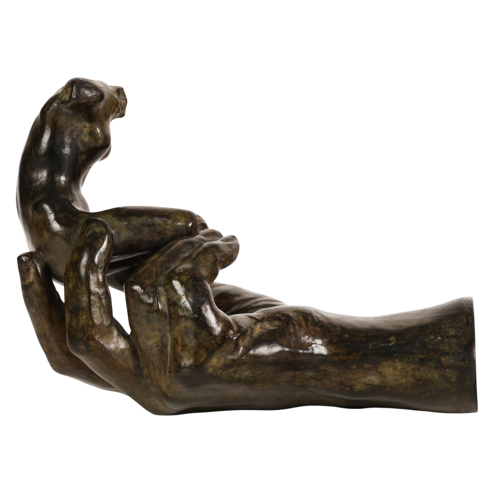 Rodin 1840-1917 French Bronze Hand with Torso: Auguste Rodin (French, 1840-1917), Hand of Rodin with Torso, bronze sculpture depicting a detailed hand emerging from a cuff and supporting a small seated female torso, modeled after the celebrated co
