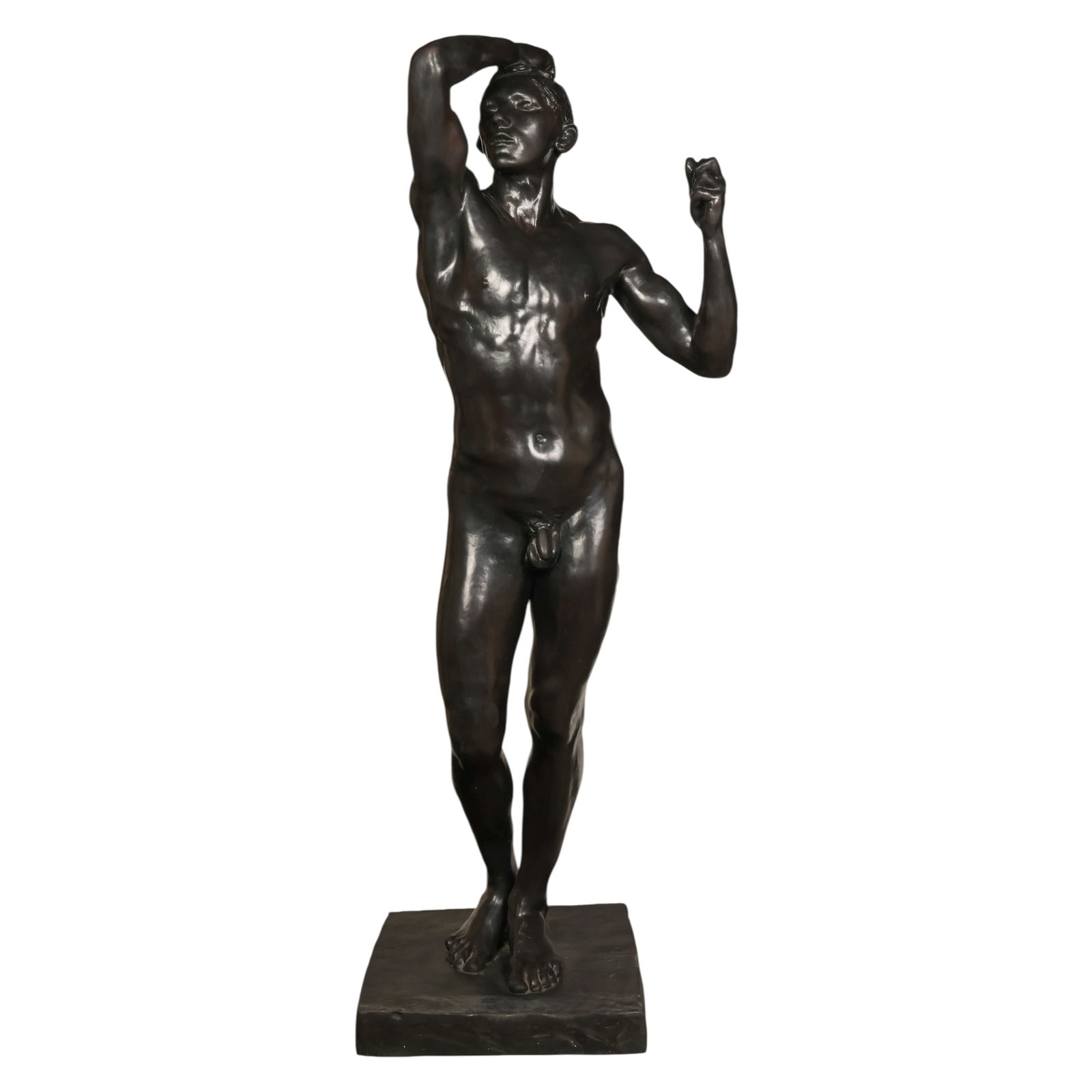 Auguste Rodin 1840-1917 Bronze Nude Male Statue: Auguste Rodin (French, 1840-1917), The Age of Bronze, large model limited edition bronze nude male figure sculpture depicting a standing athletic male with one arm raised above his head and the opposi