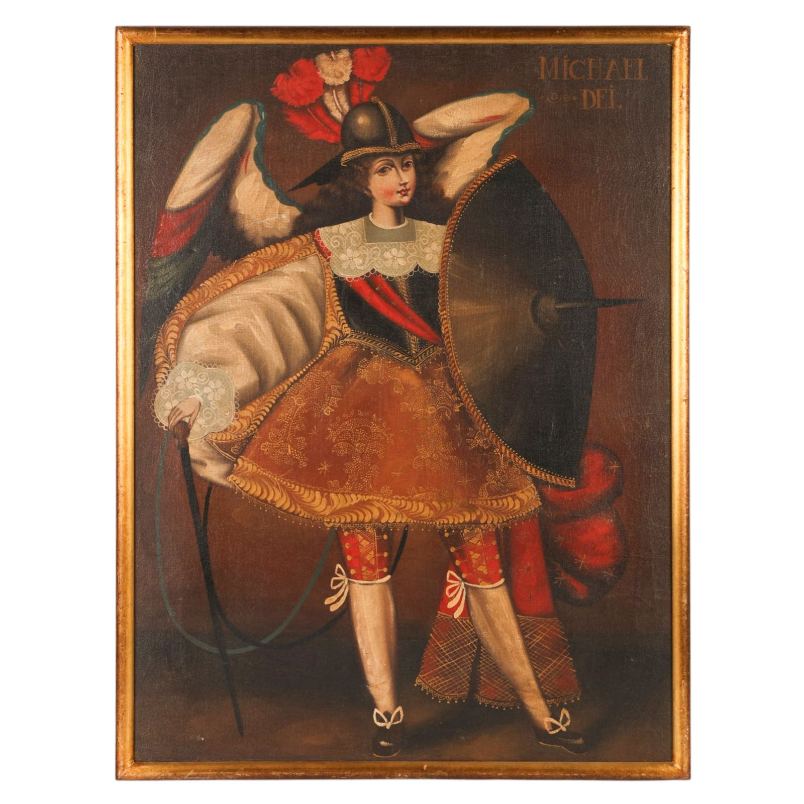 Cuzco School Archangel Michael Dei Oil Painting: Cuzco School, an antique Spanish Colonial style oil on canvas painting depicting Archangel Michael Dei, portrayed in richly adorned attire with elaborate brocade like decoration, lace cuffs, and a wid